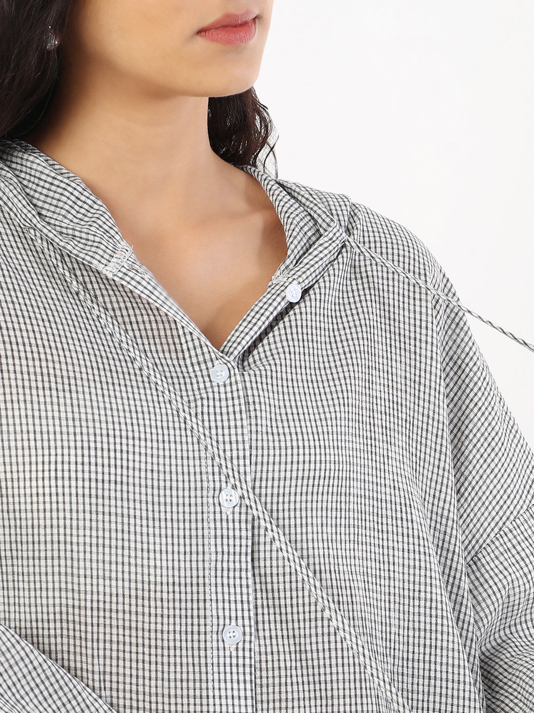 Women Oversized Hooded Grey Checked Shirt