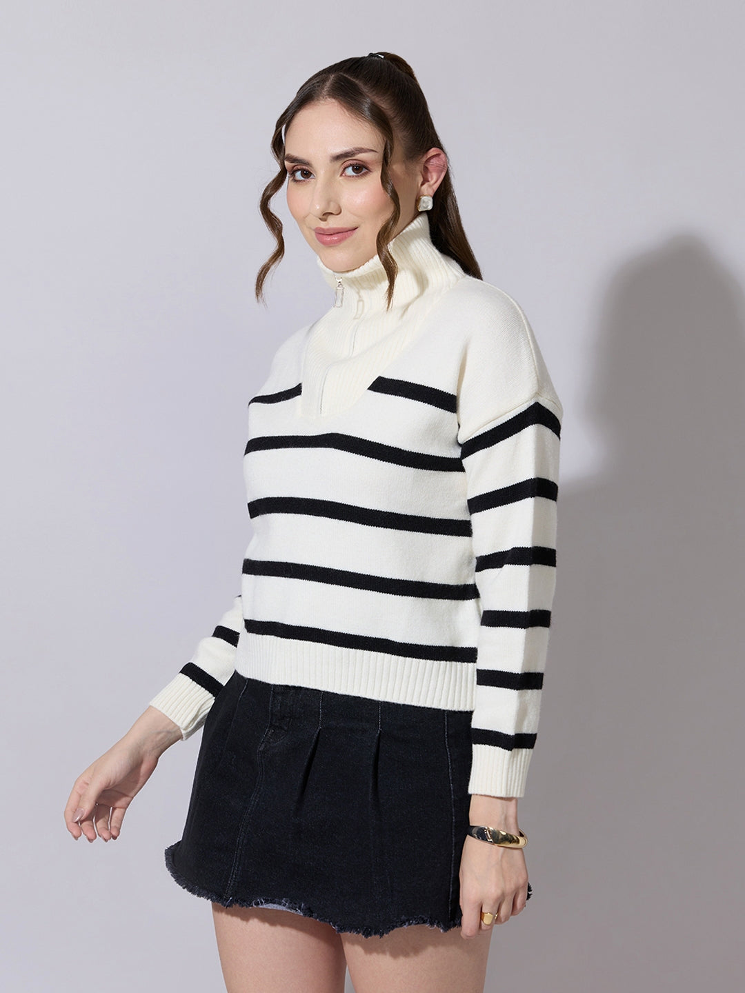Women's Striped Off White & Black Knit Sweater with Zip-Up High Neck