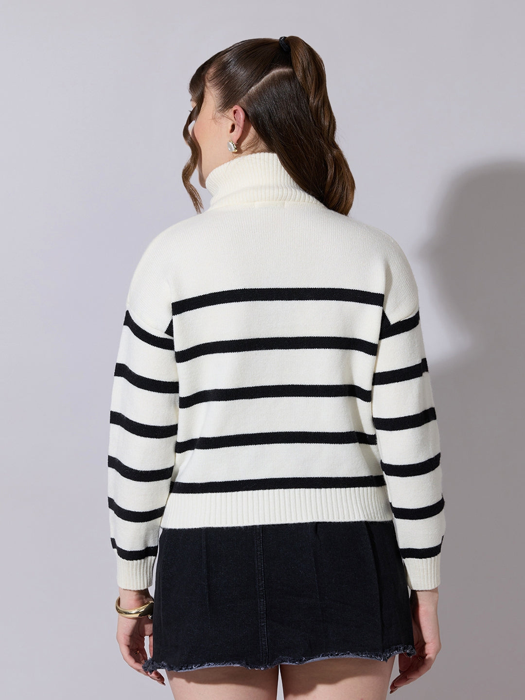 Women's Striped Off White & Black Knit Sweater with Zip-Up High Neck