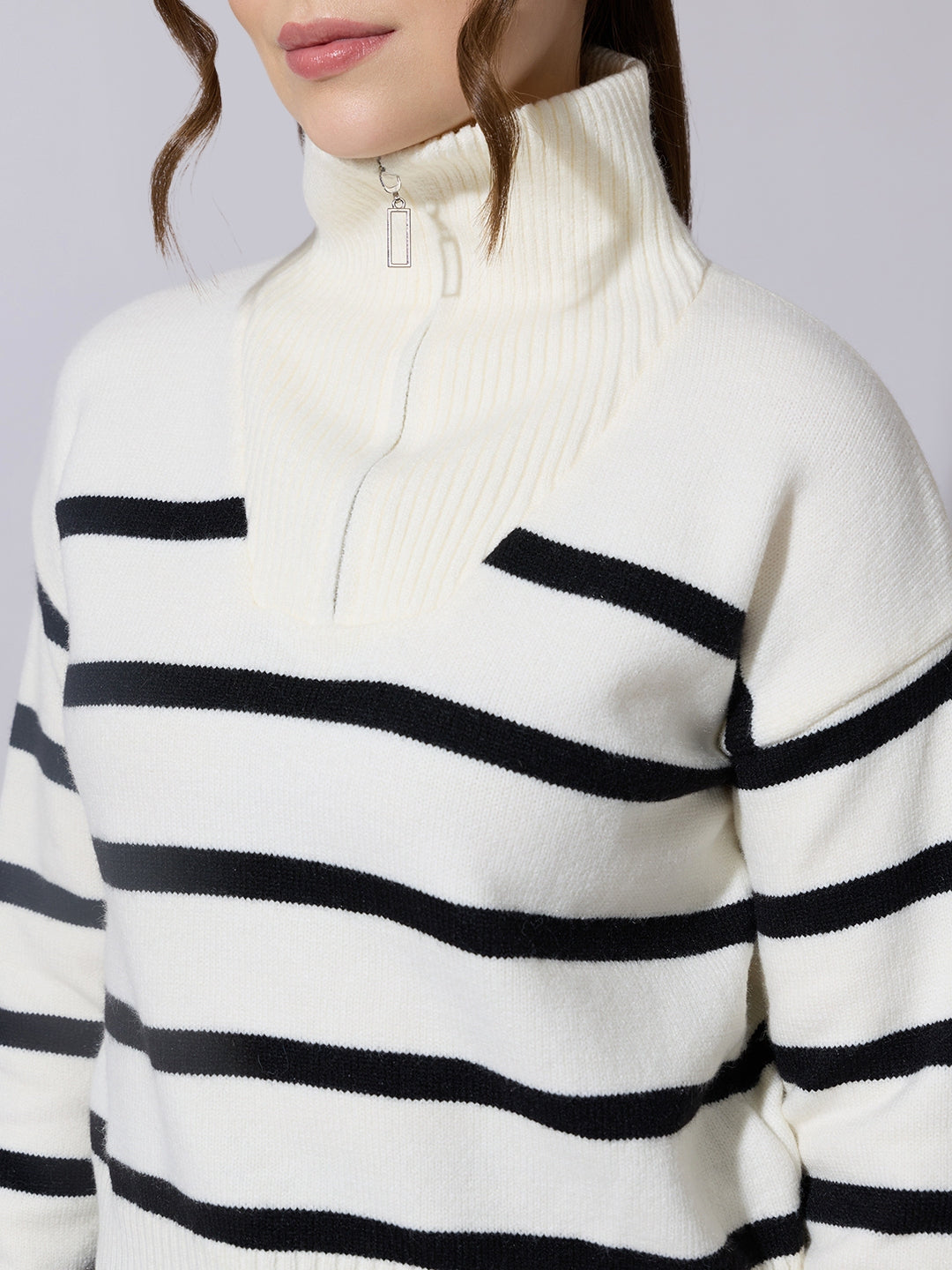 Women's Striped Off White & Black Knit Sweater with Zip-Up High Neck