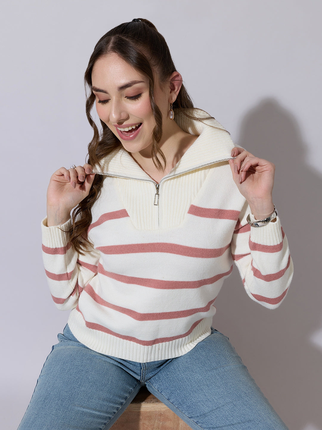 Women's Striped Off White & Peach Knit Sweater with Zip-Up High Neck