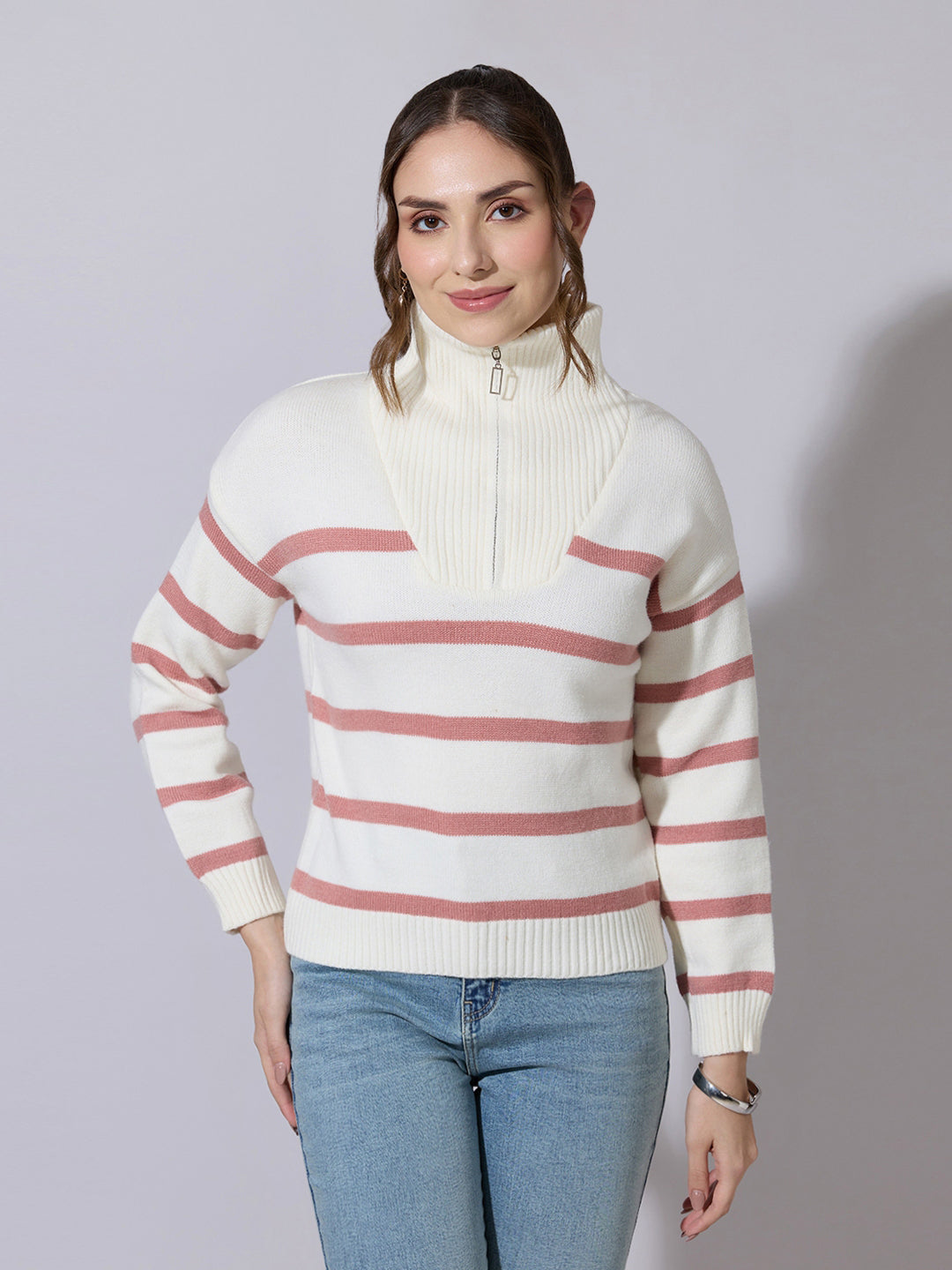 Women's Striped Off White & Peach Knit Sweater with Zip-Up High Neck