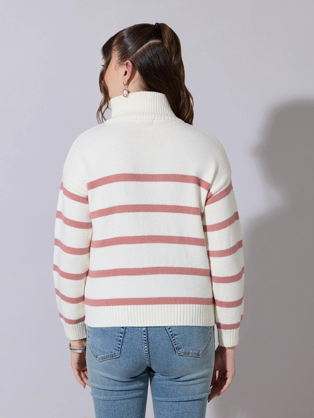 Women's Striped Off White & Peach Knit Sweater with Zip-Up High Neck