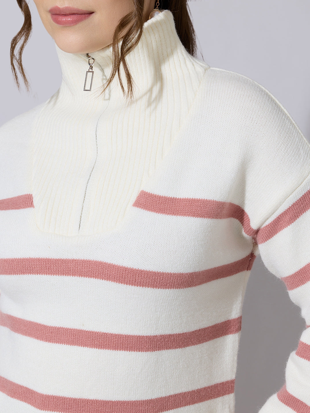 Women's Striped Off White & Peach Knit Sweater with Zip-Up High Neck