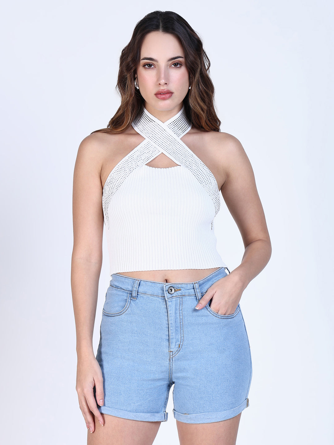 Women White Solid Crop Top