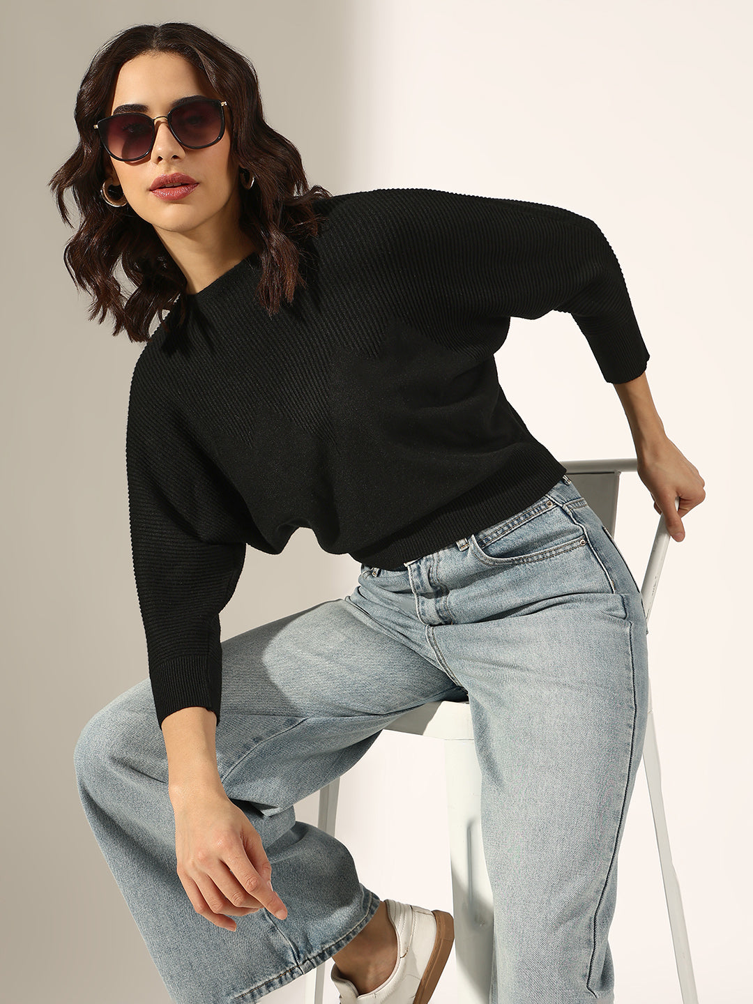 Women's Ribbed Black Batwing Sleeve Knit Top