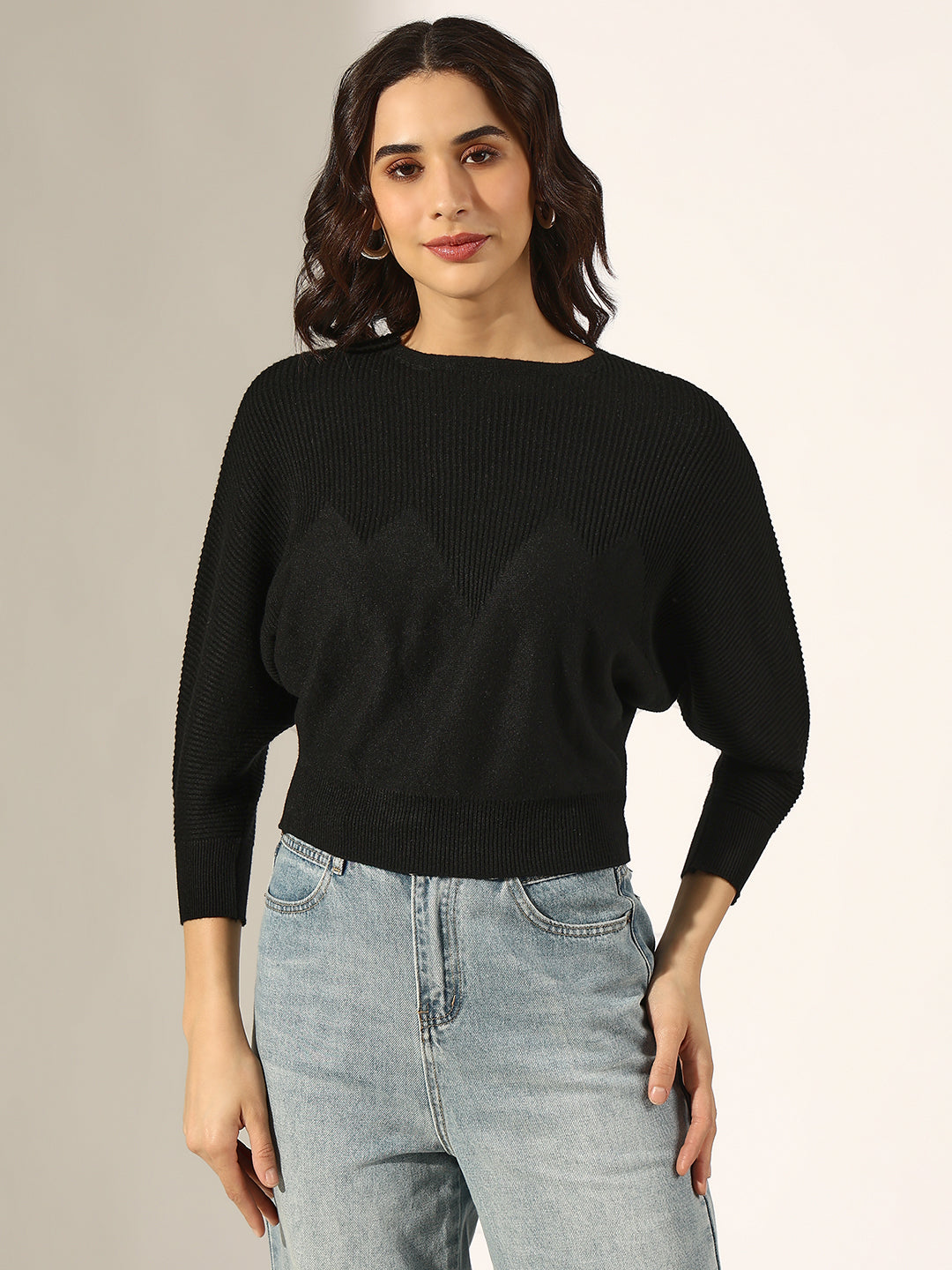 Women's Ribbed Black Batwing Sleeve Knit Top