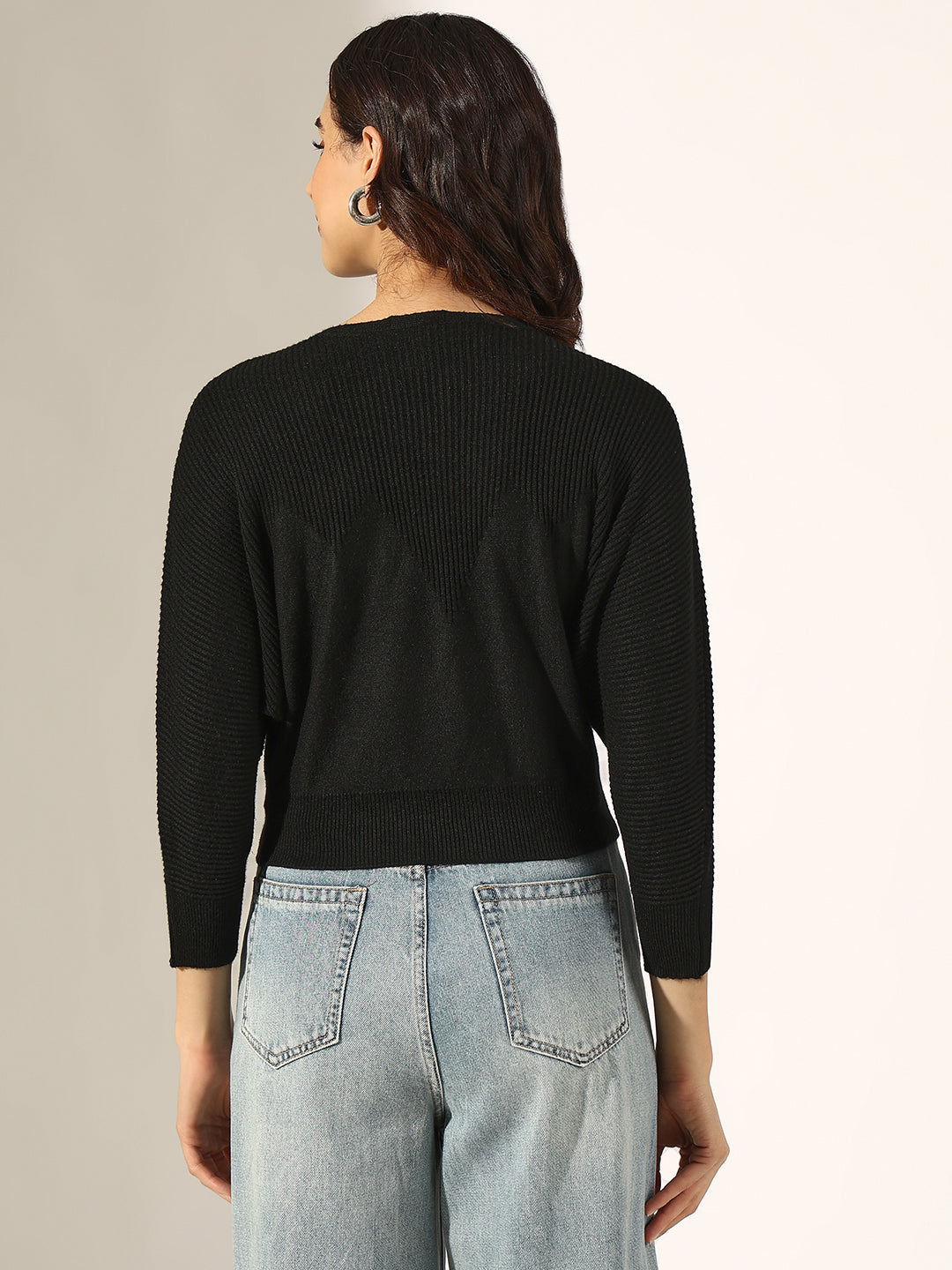 Women's Ribbed Black Batwing Sleeve Knit Top
