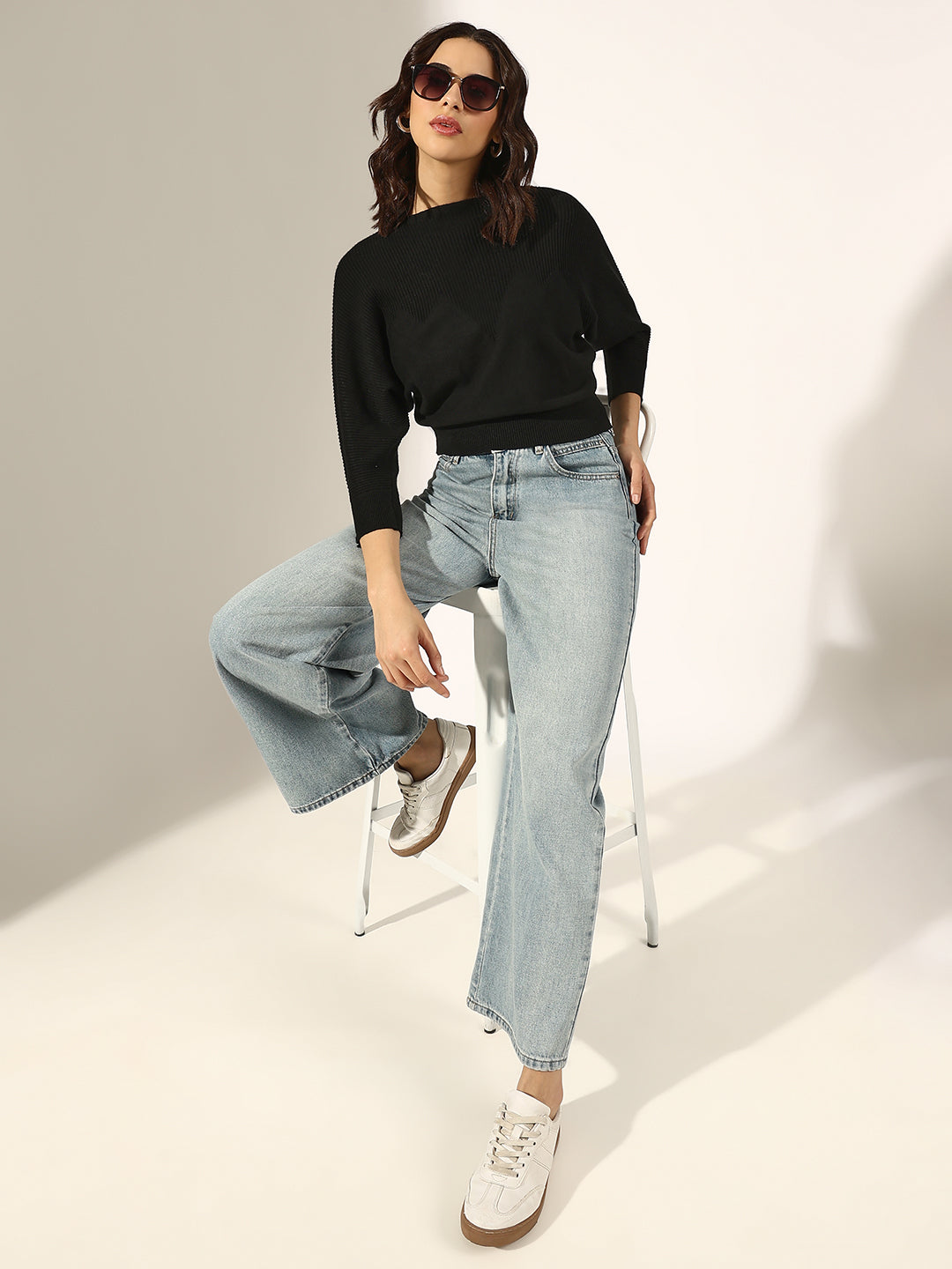 Women's Ribbed Black Batwing Sleeve Knit Top