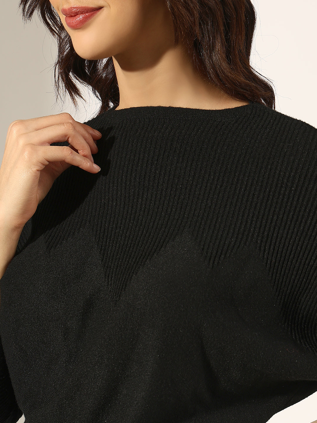 Women's Ribbed Black Batwing Sleeve Knit Top