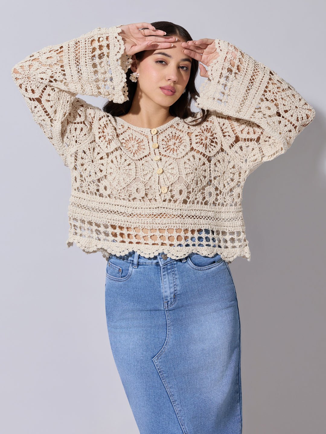 Women's Crochet Cream Buttoned Top