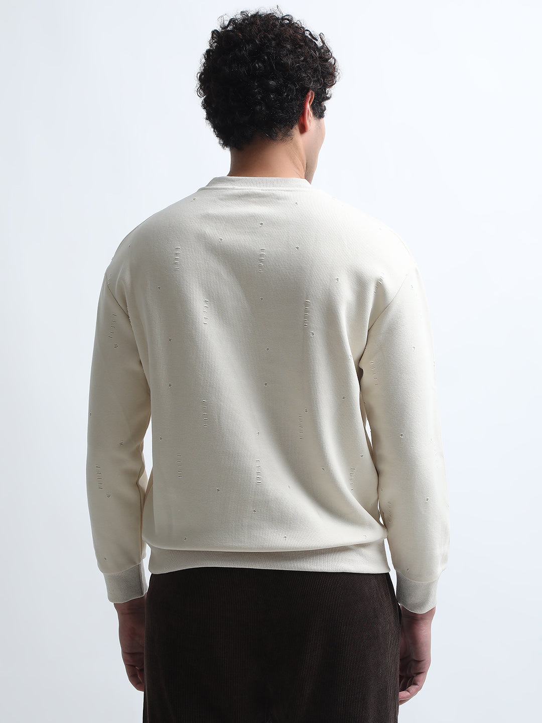 Men's Cream Round Neck Ribbed Sweatshirt with Distressed effect