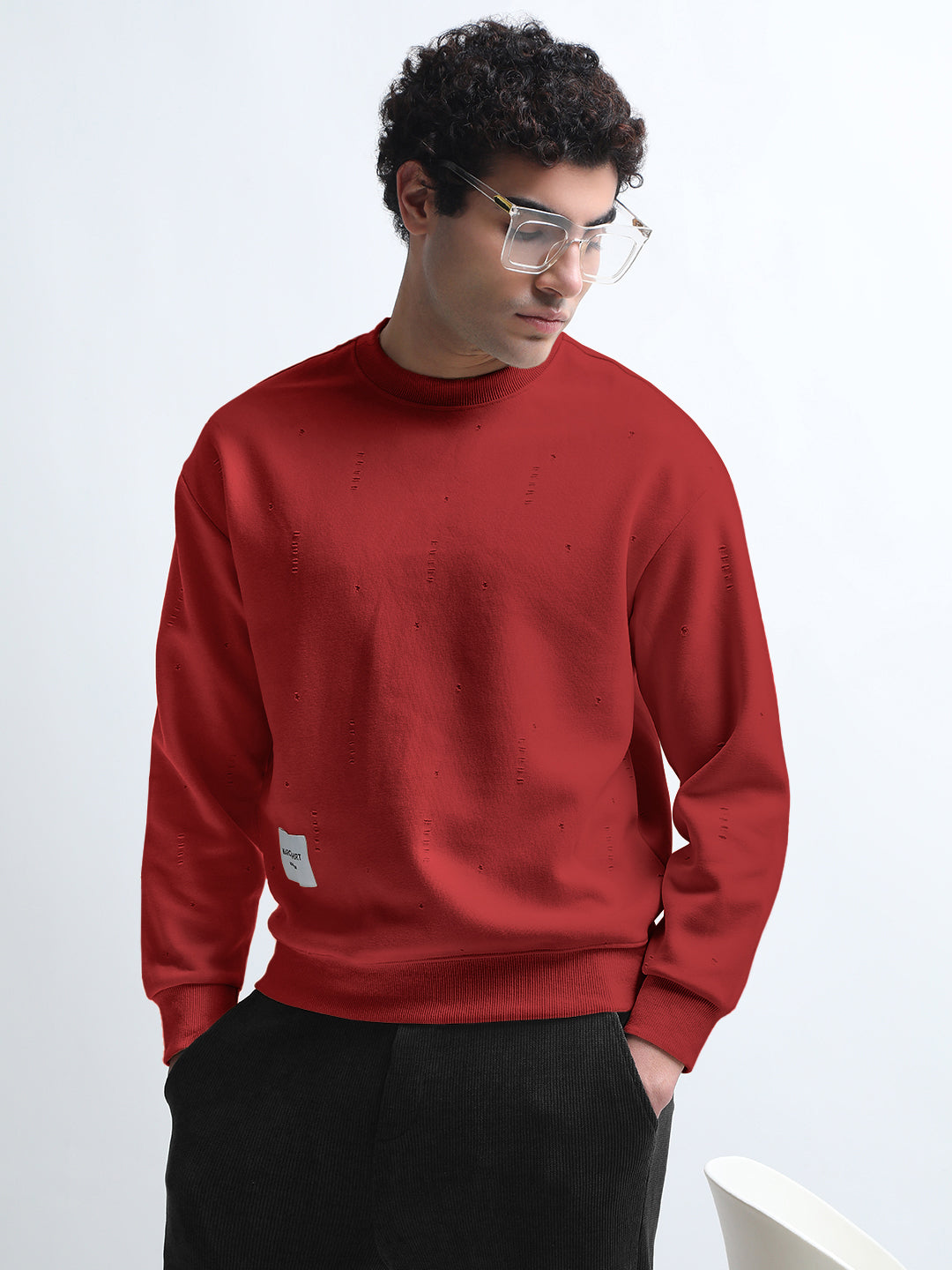 Men's Maroon Round Neck Ribbed Sweatshirt with Distressed effect