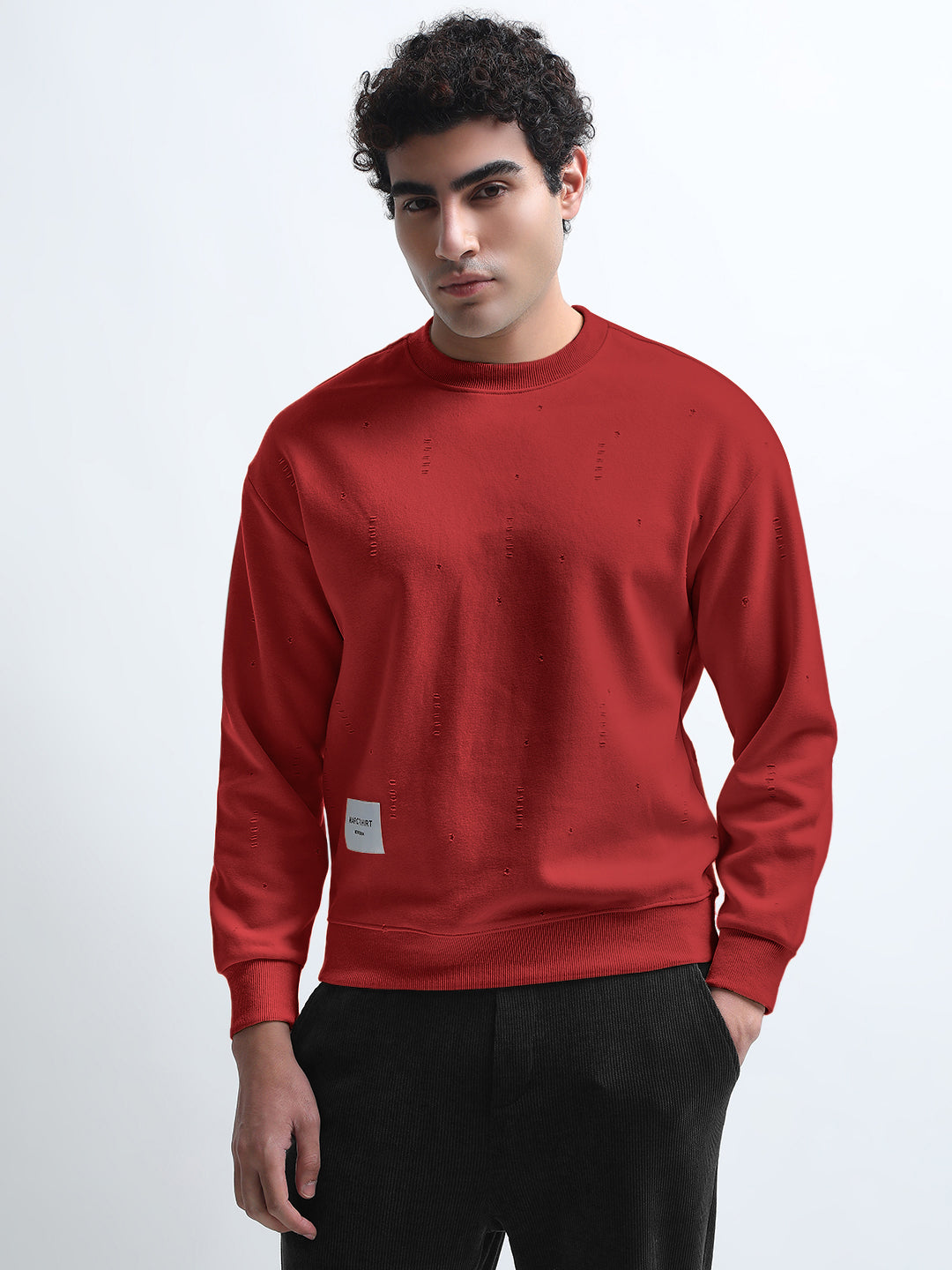Men's Maroon Round Neck Ribbed Sweatshirt with Distressed effect