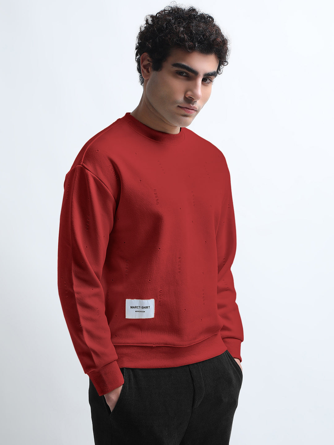 Men's Maroon Round Neck Ribbed Sweatshirt with Distressed effect