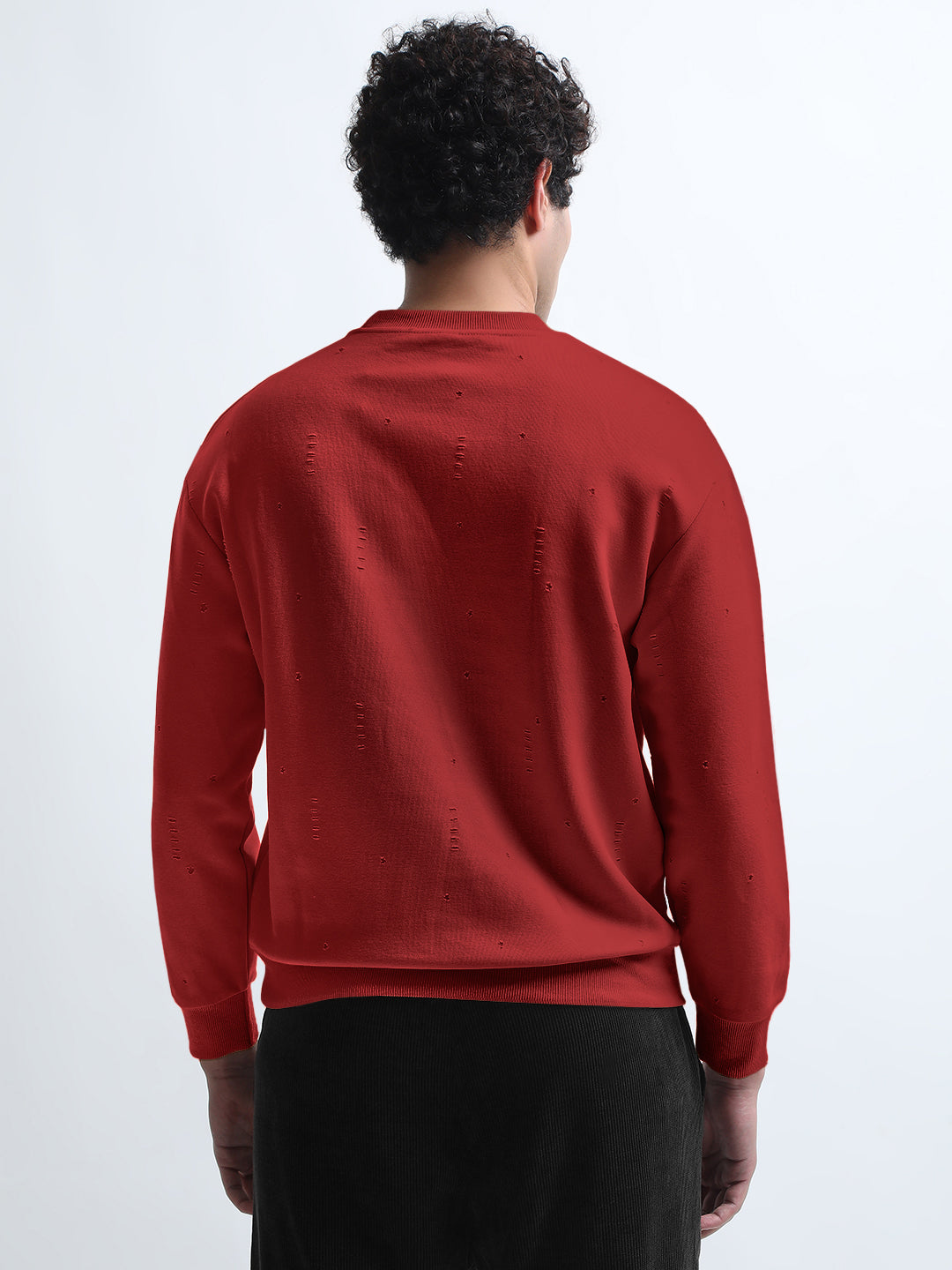 Men's Maroon Round Neck Ribbed Sweatshirt with Distressed effect