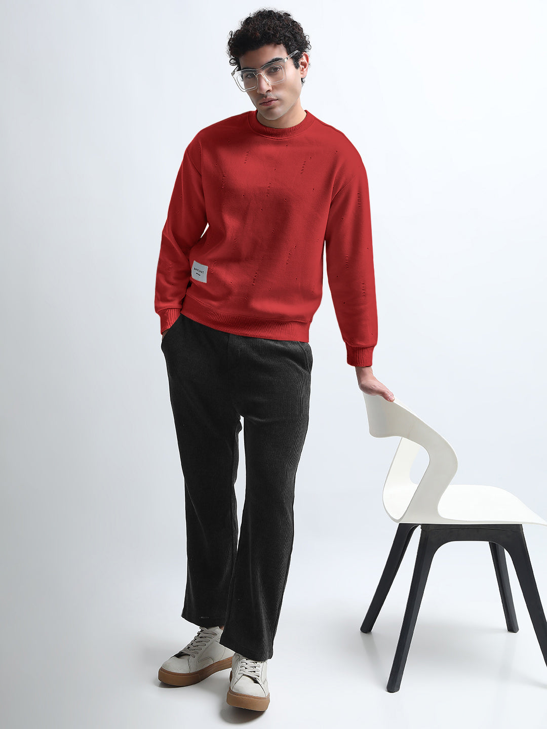 Men's Maroon Round Neck Ribbed Sweatshirt with Distressed effect