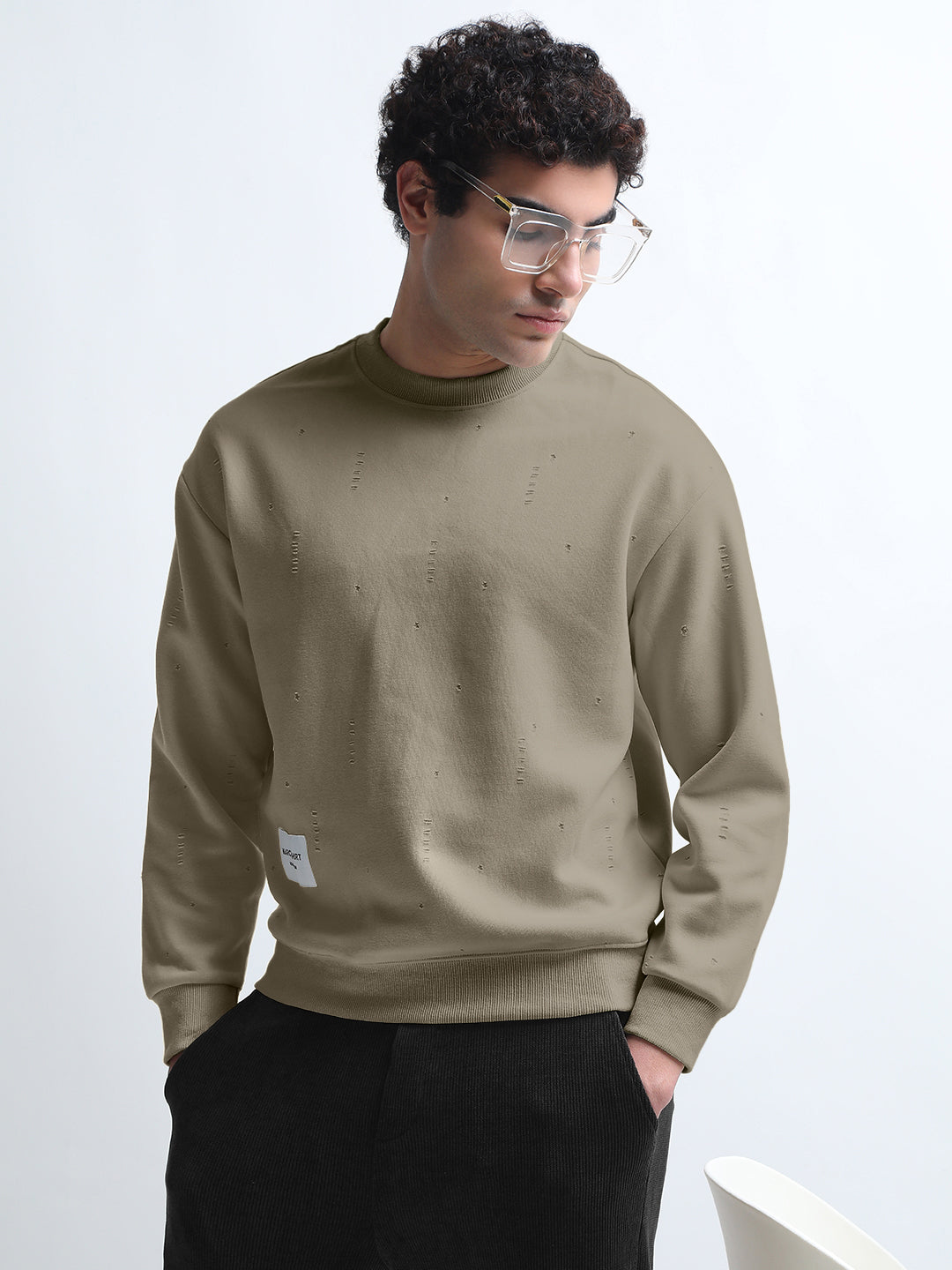 Men's Olive Round Neck Ribbed Sweatshirt with Distressed effect