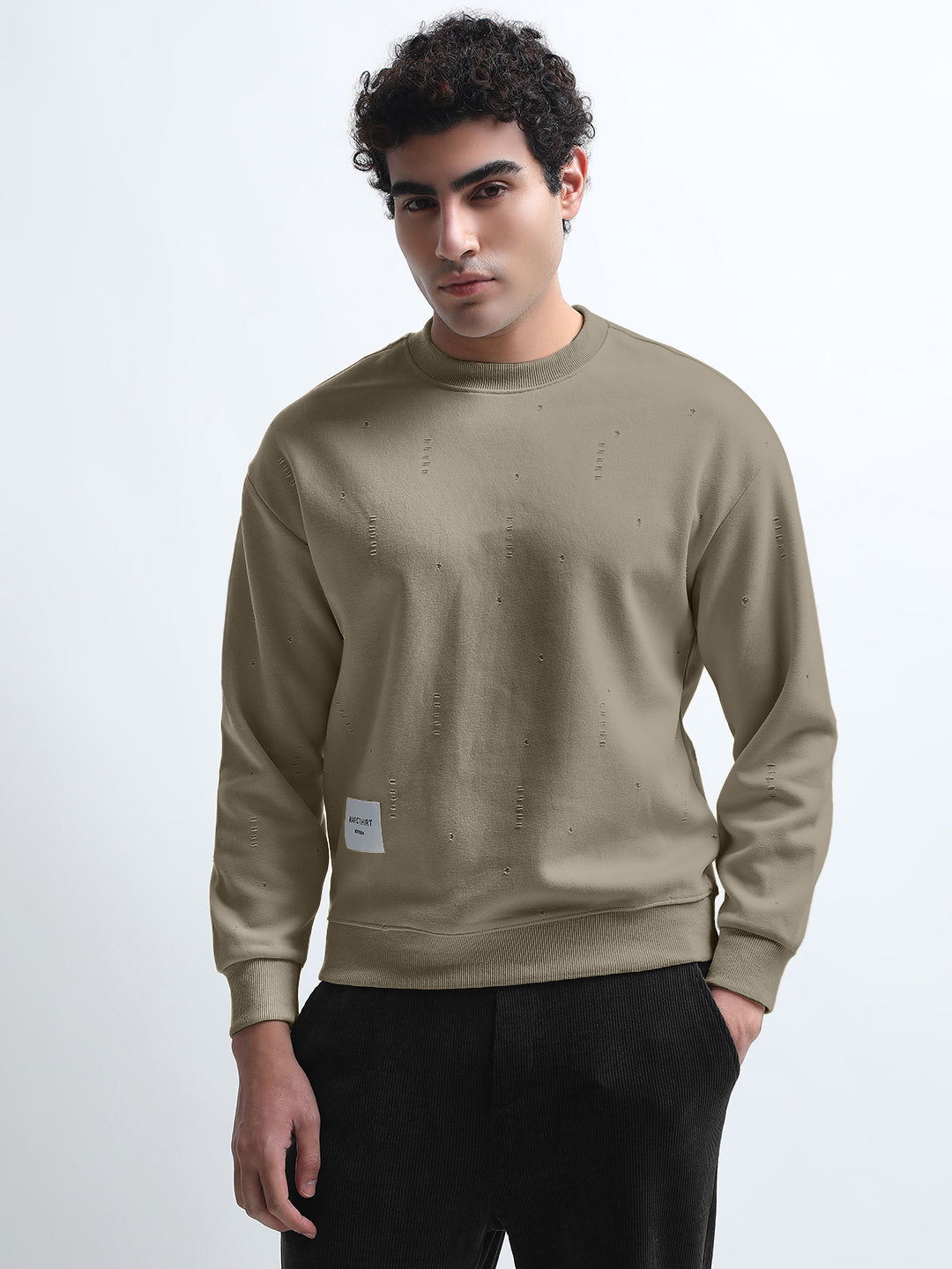 Men's Olive Round Neck Ribbed Sweatshirt with Distressed effect
