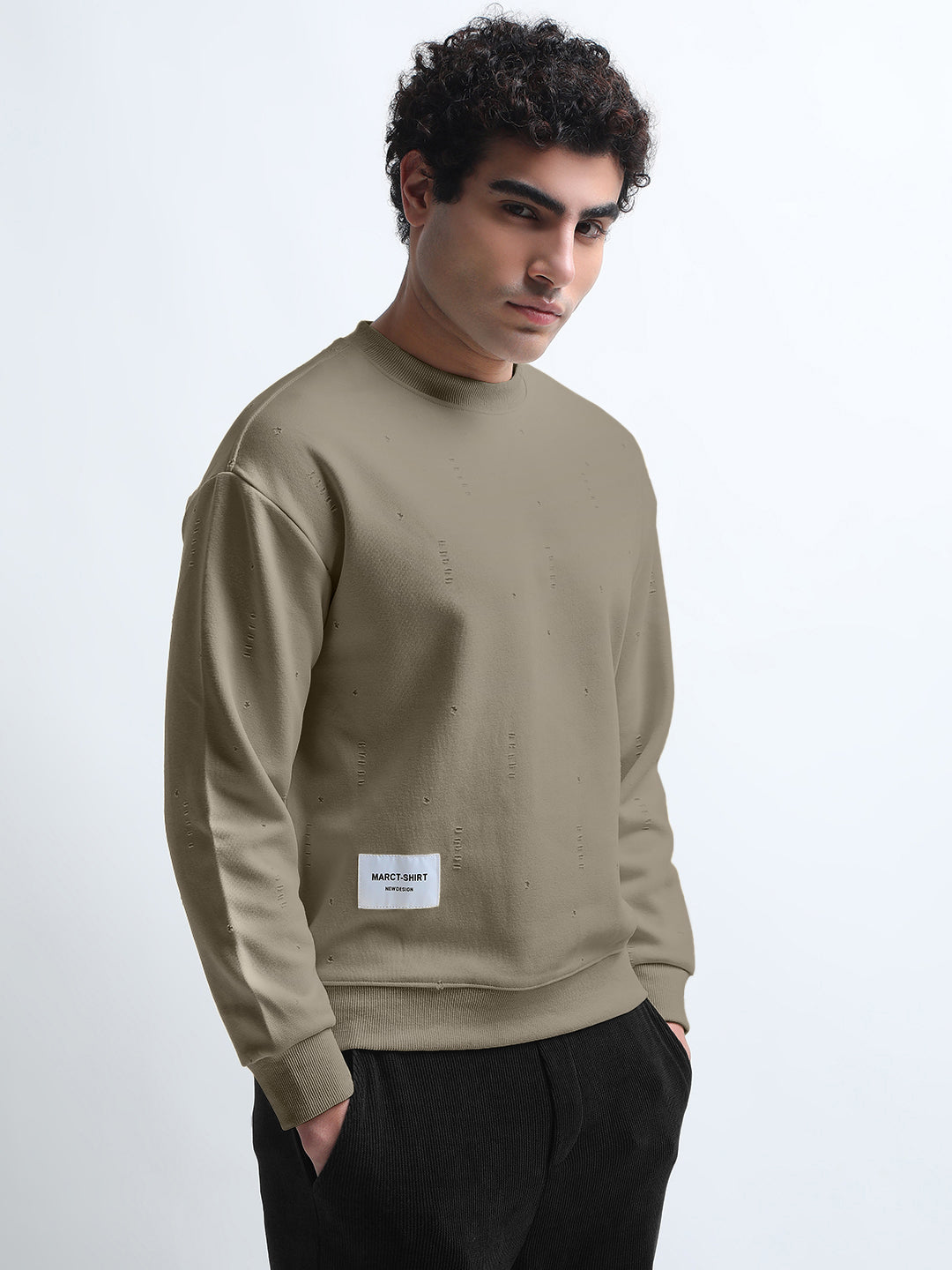 Men's Olive Round Neck Ribbed Sweatshirt with Distressed effect