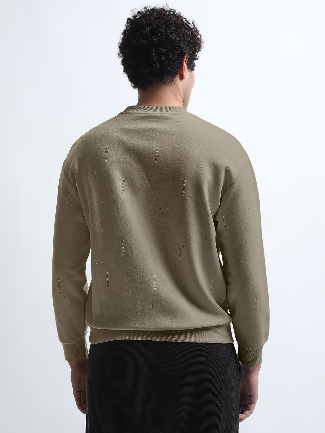 Men's Olive Round Neck Ribbed Sweatshirt with Distressed effect