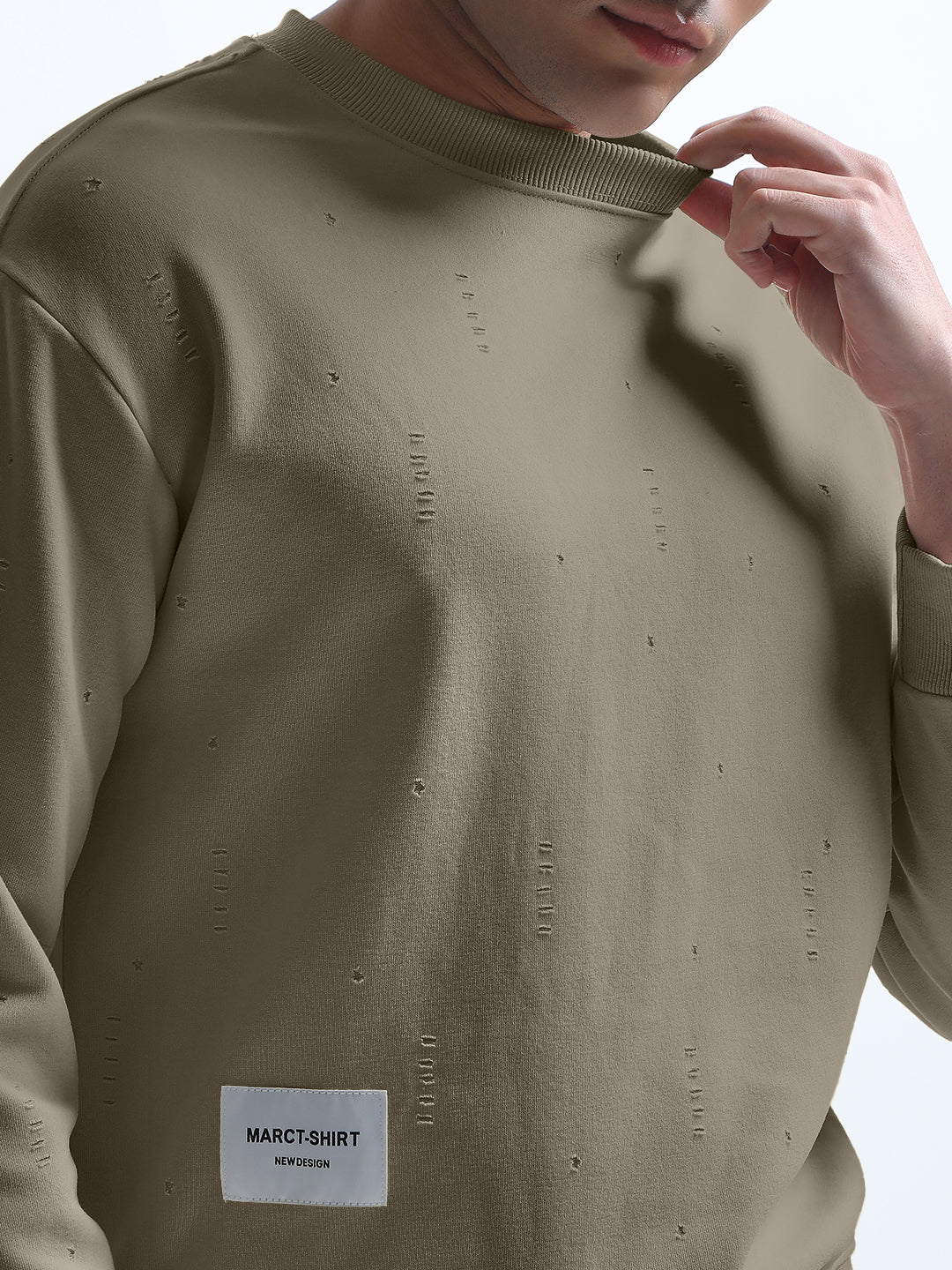 Men's Olive Round Neck Ribbed Sweatshirt with Distressed effect