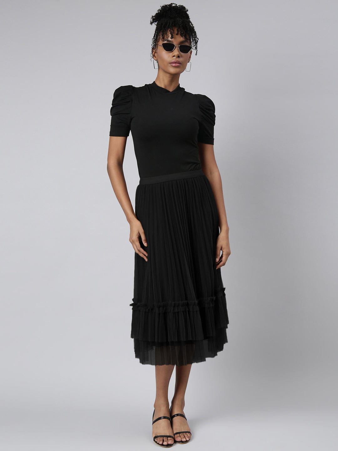 Women's Flared Midi Black Tulle Skirt