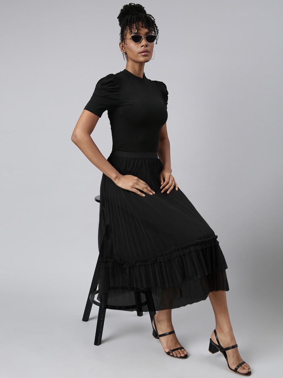 Women's Flared Midi Black Tulle Skirt