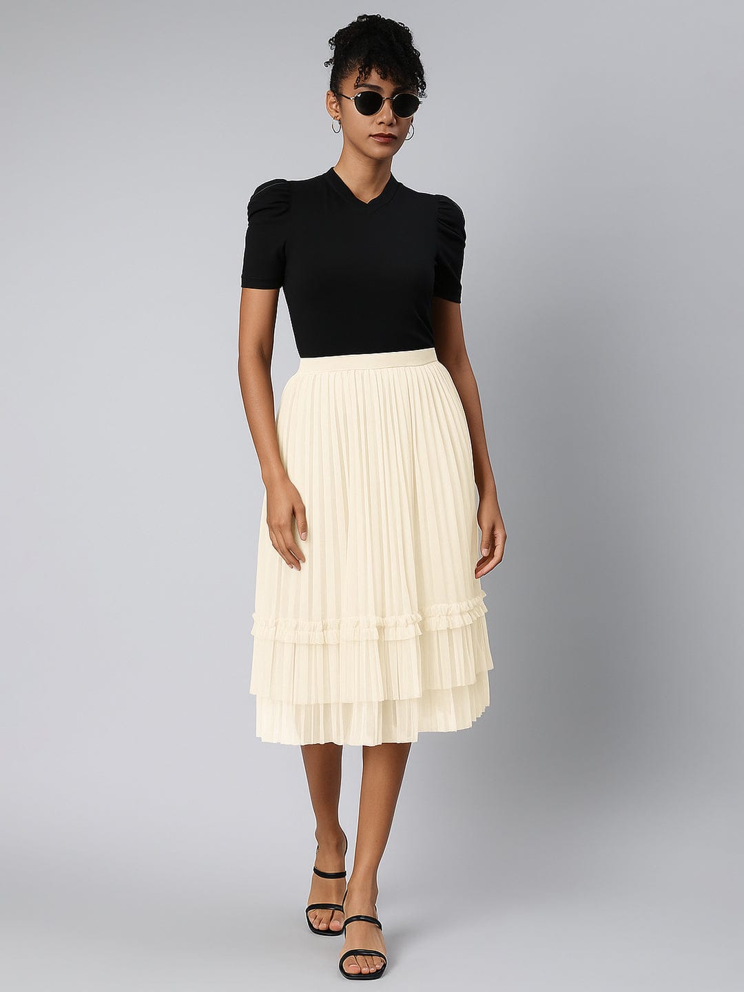 Women's Flared Midi Cream Tulle Skirt