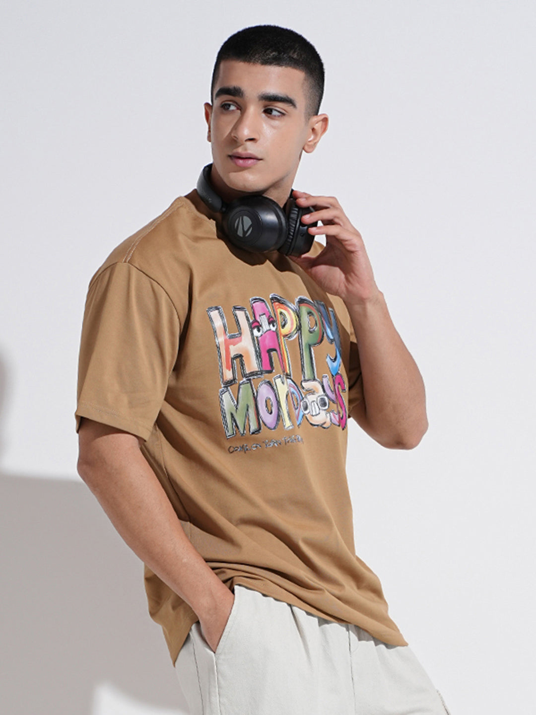 Men's Typography Brown Graphic Printed Round Neck T-Shirt