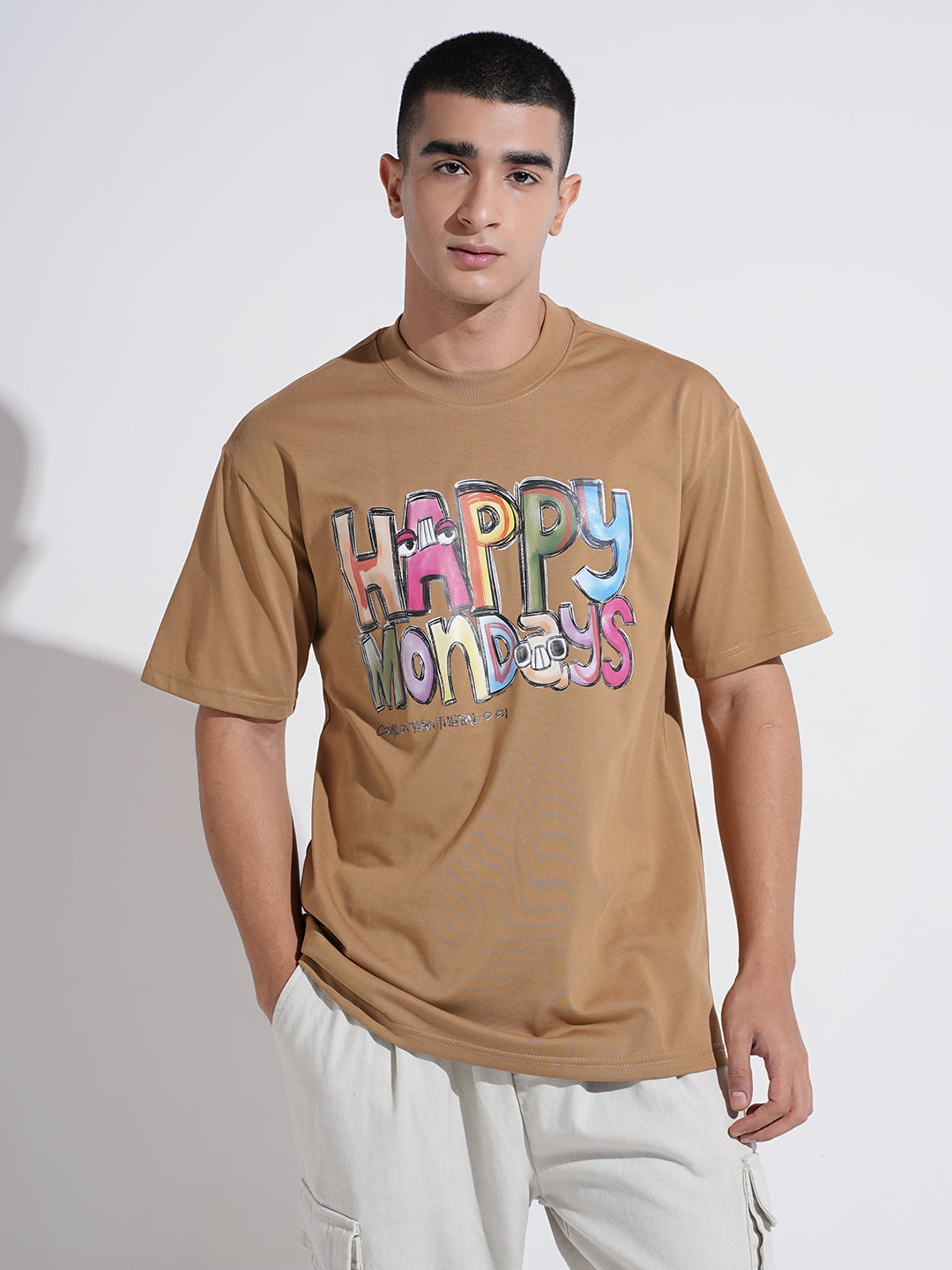 Men's Typography Brown Graphic Printed Round Neck T-Shirt
