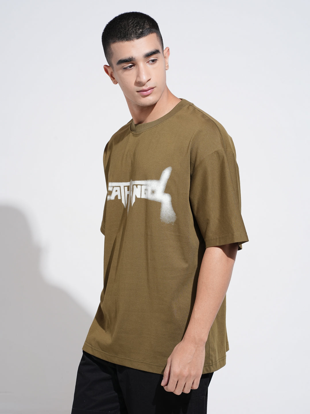 Men's Typography Olive Short Sleeves Round Neck Relaxed Fit T-Shirt