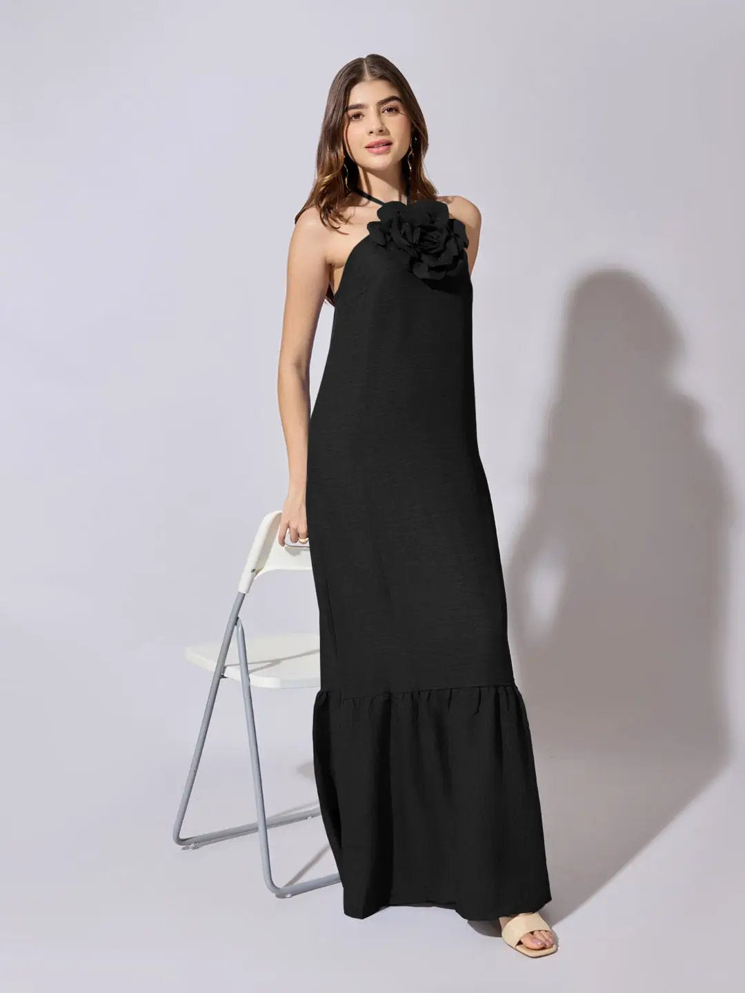 Women's Black Halter Neck Maxi Dress with 3D Floral Applique