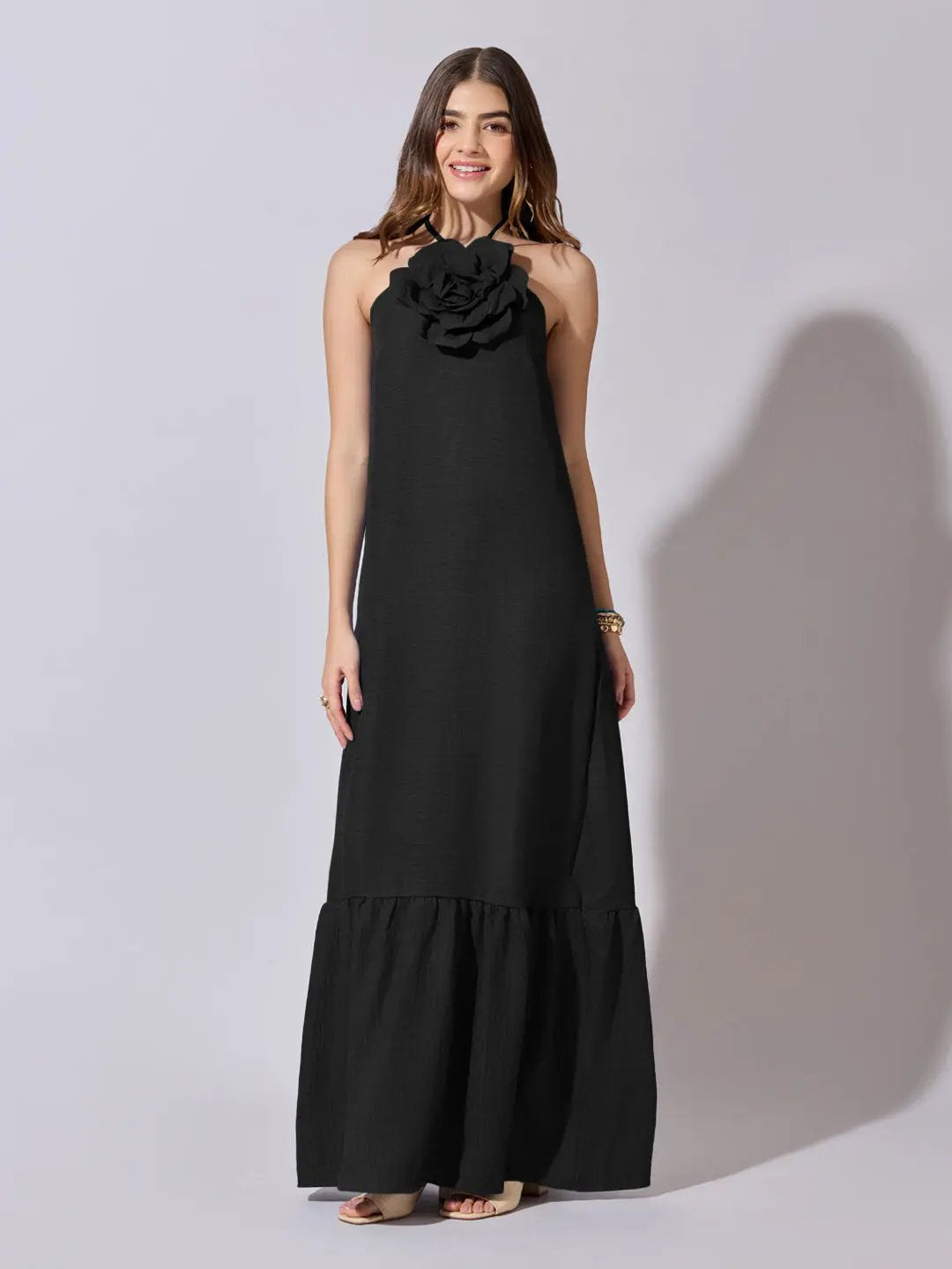 Women's Black Halter Neck Maxi Dress with 3D Floral Applique
