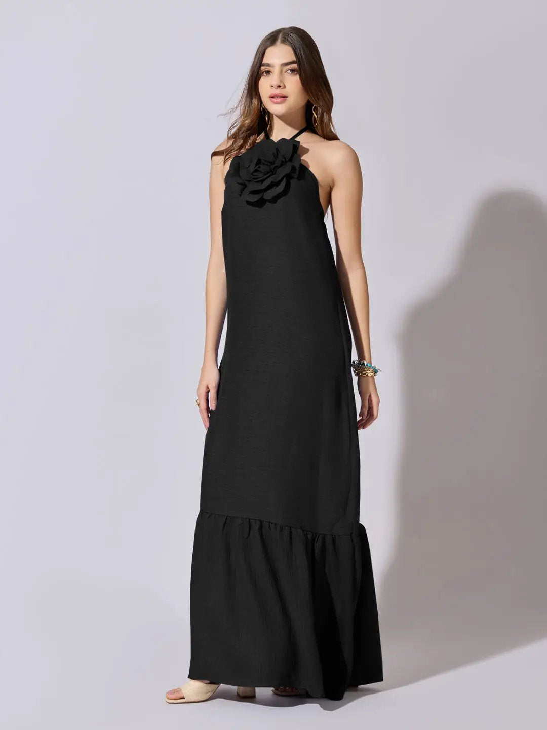 Women's Black Halter Neck Maxi Dress with 3D Floral Applique