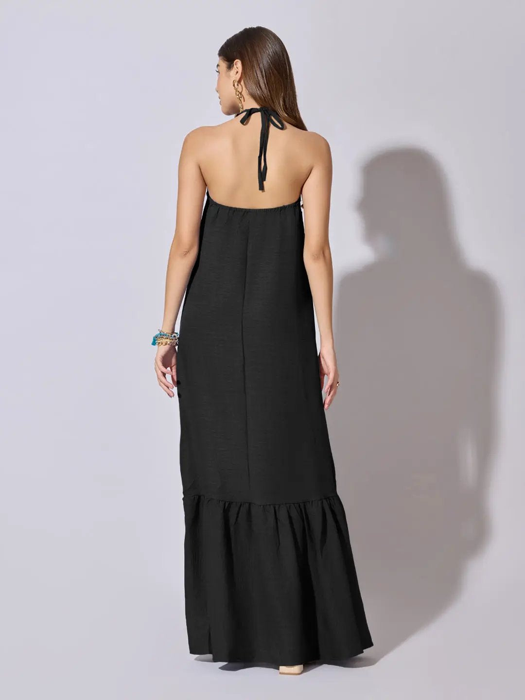 Women's Black Halter Neck Maxi Dress with 3D Floral Applique