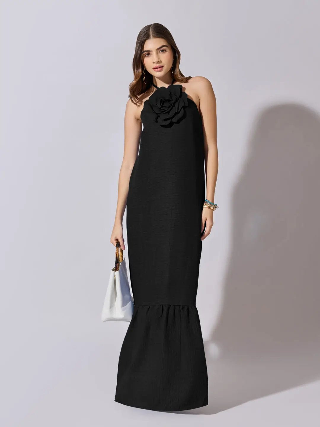Women's Black Halter Neck Maxi Dress with 3D Floral Applique