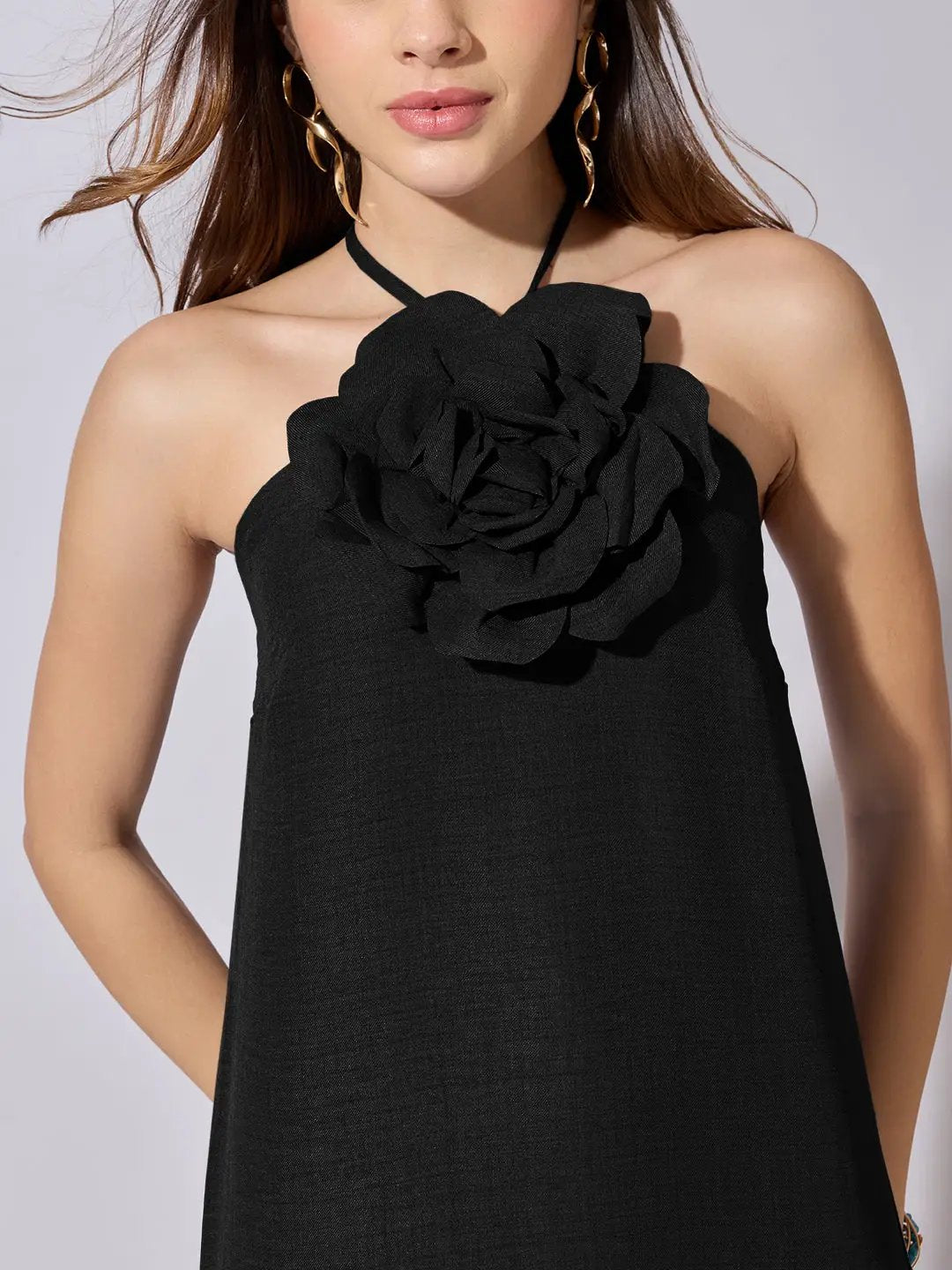 Women's Black Halter Neck Maxi Dress with 3D Floral Applique