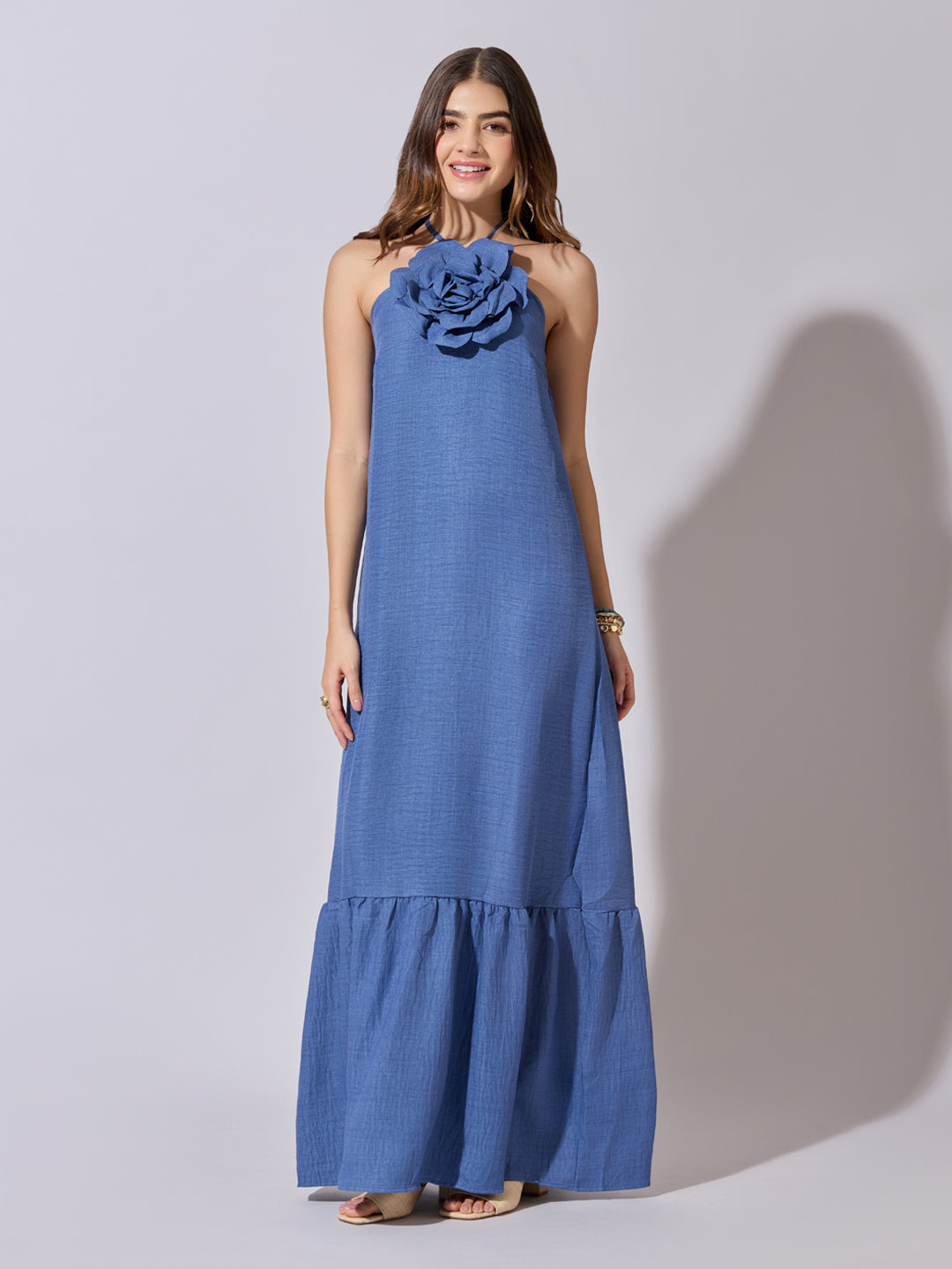 Women's Blue Halter Neck Maxi Dress with 3D Floral Applique