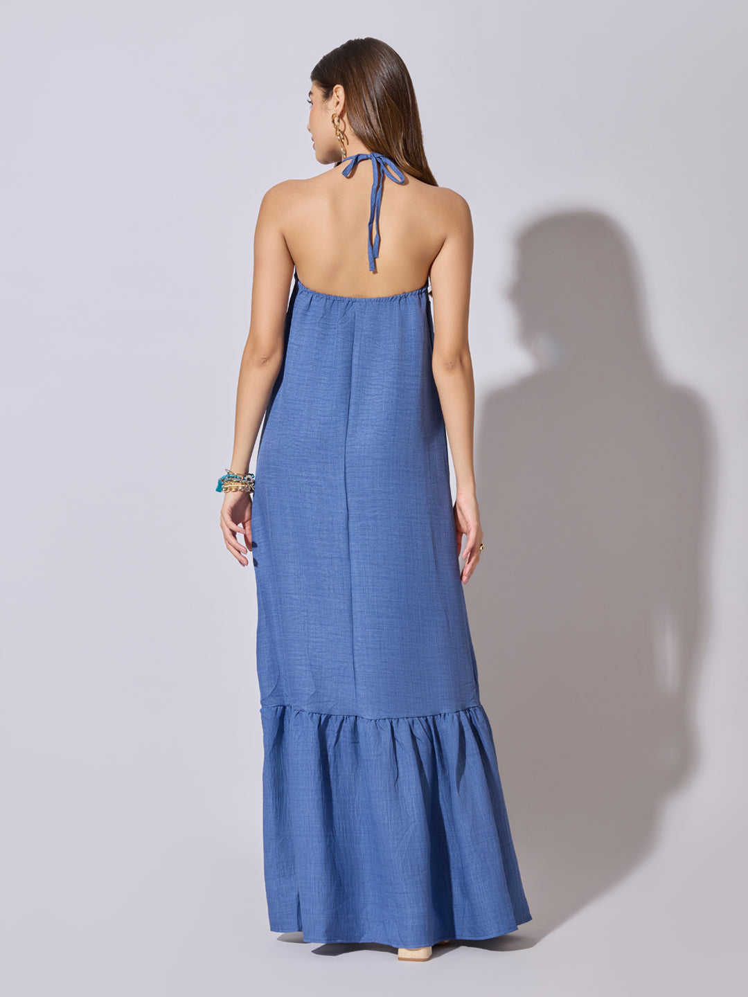 Women's Blue Halter Neck Maxi Dress with 3D Floral Applique