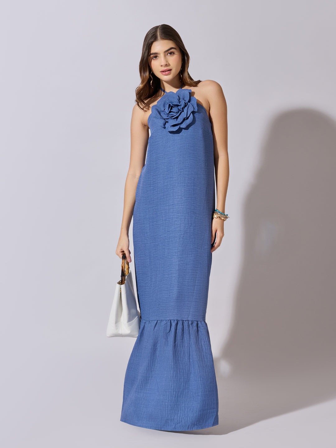 Women's Blue Halter Neck Maxi Dress with 3D Floral Applique