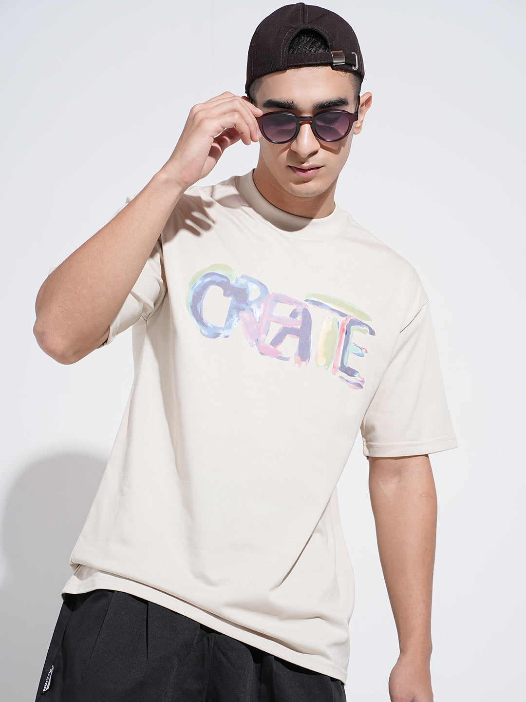 Men's Typography Cream Graphic Printed Round Neck T-Shirt