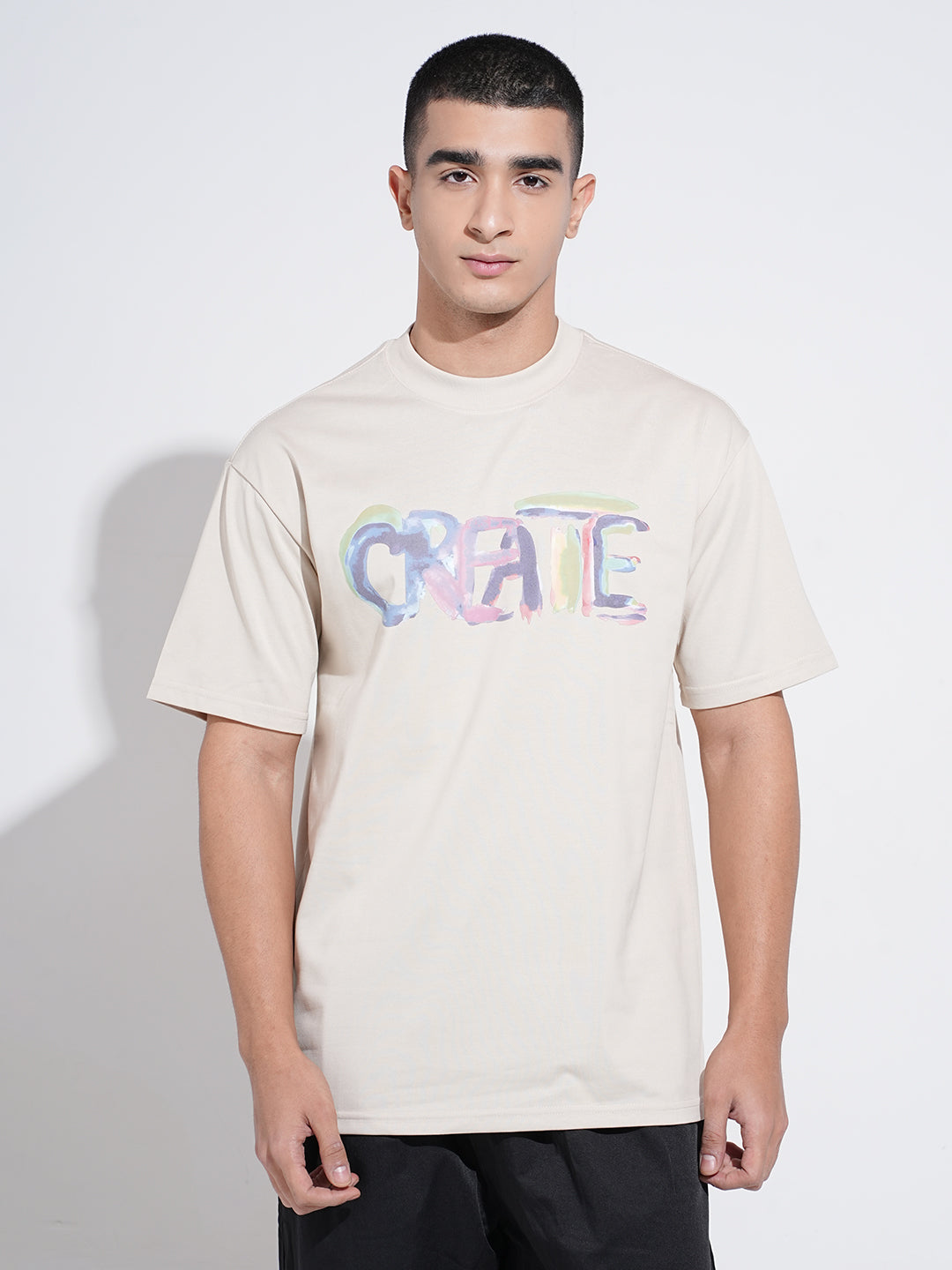 Men's Typography Cream Graphic Printed Round Neck T-Shirt