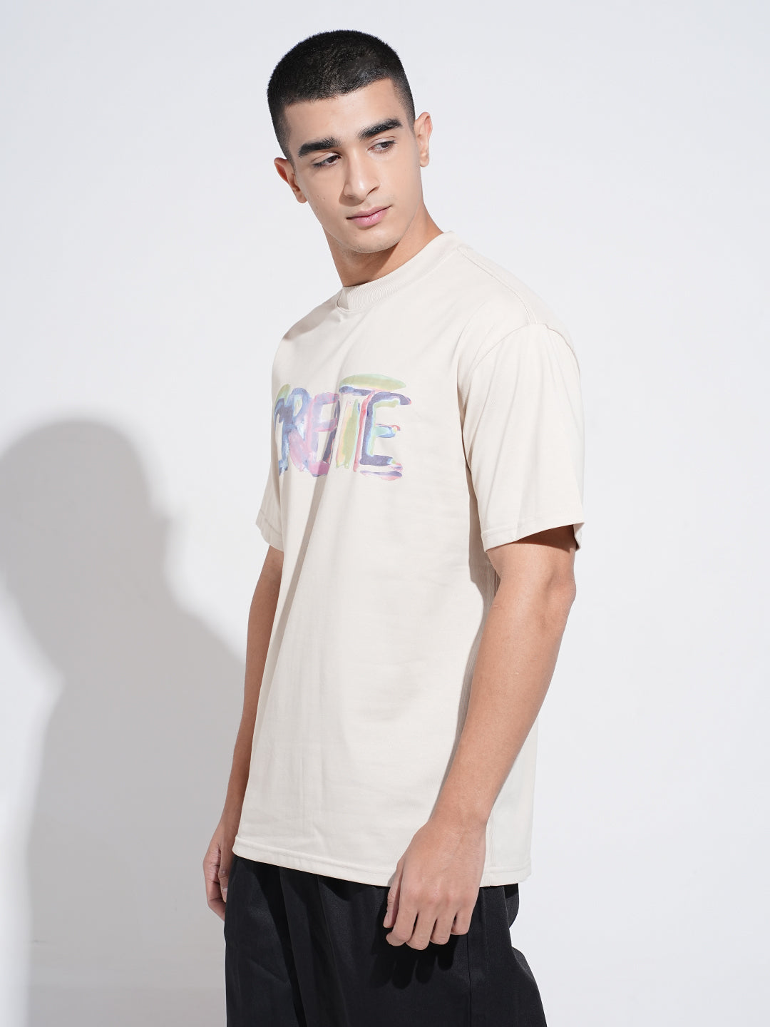 Men's Typography Cream Graphic Printed Round Neck T-Shirt