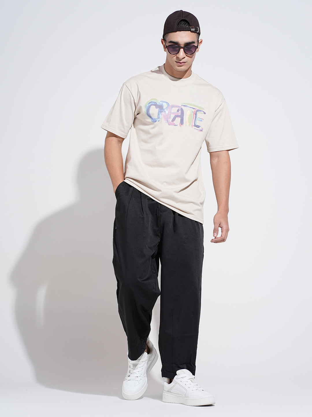 Men's Typography Cream Graphic Printed Round Neck T-Shirt