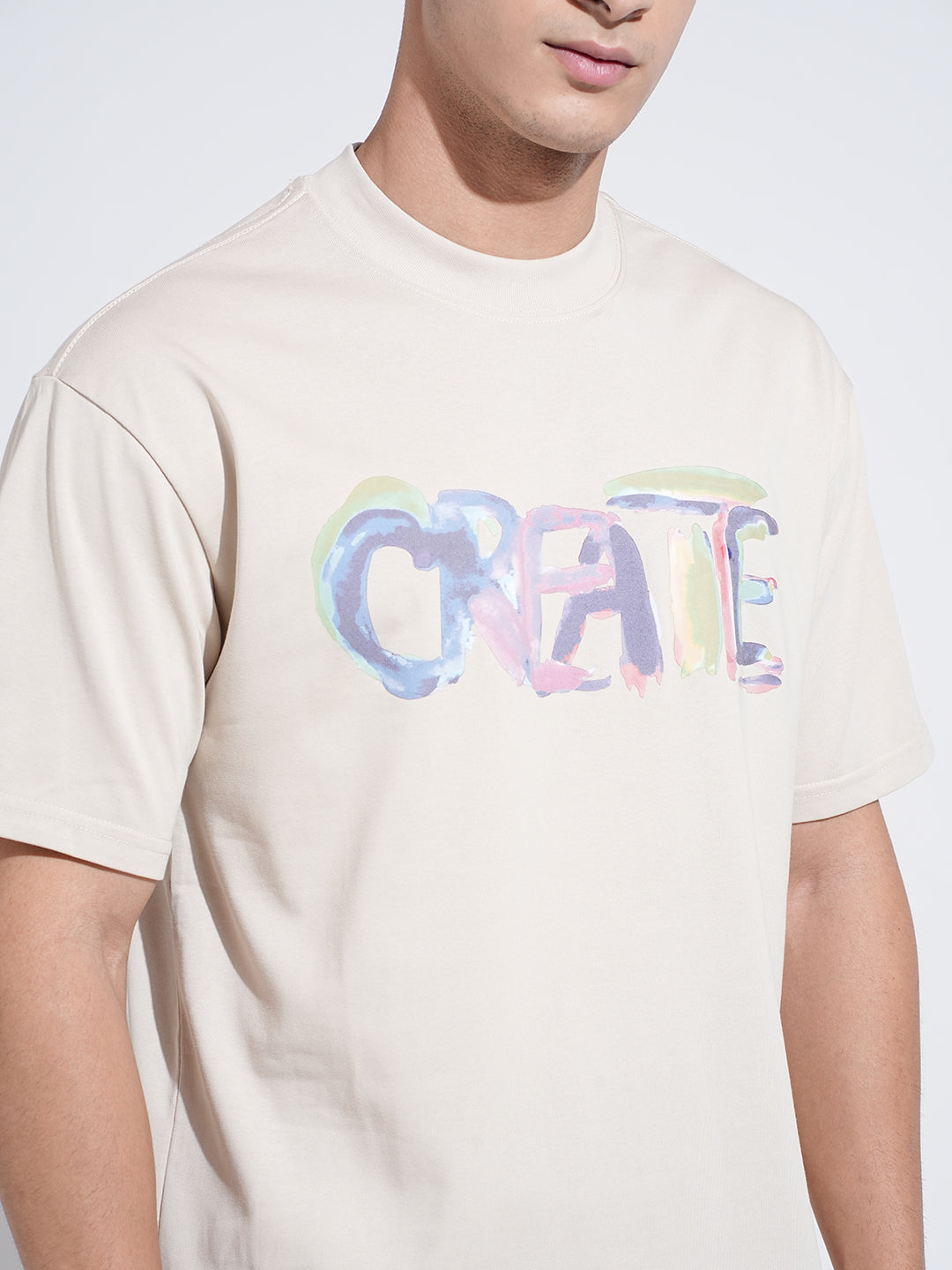 Men's Typography Cream Graphic Printed Round Neck T-Shirt