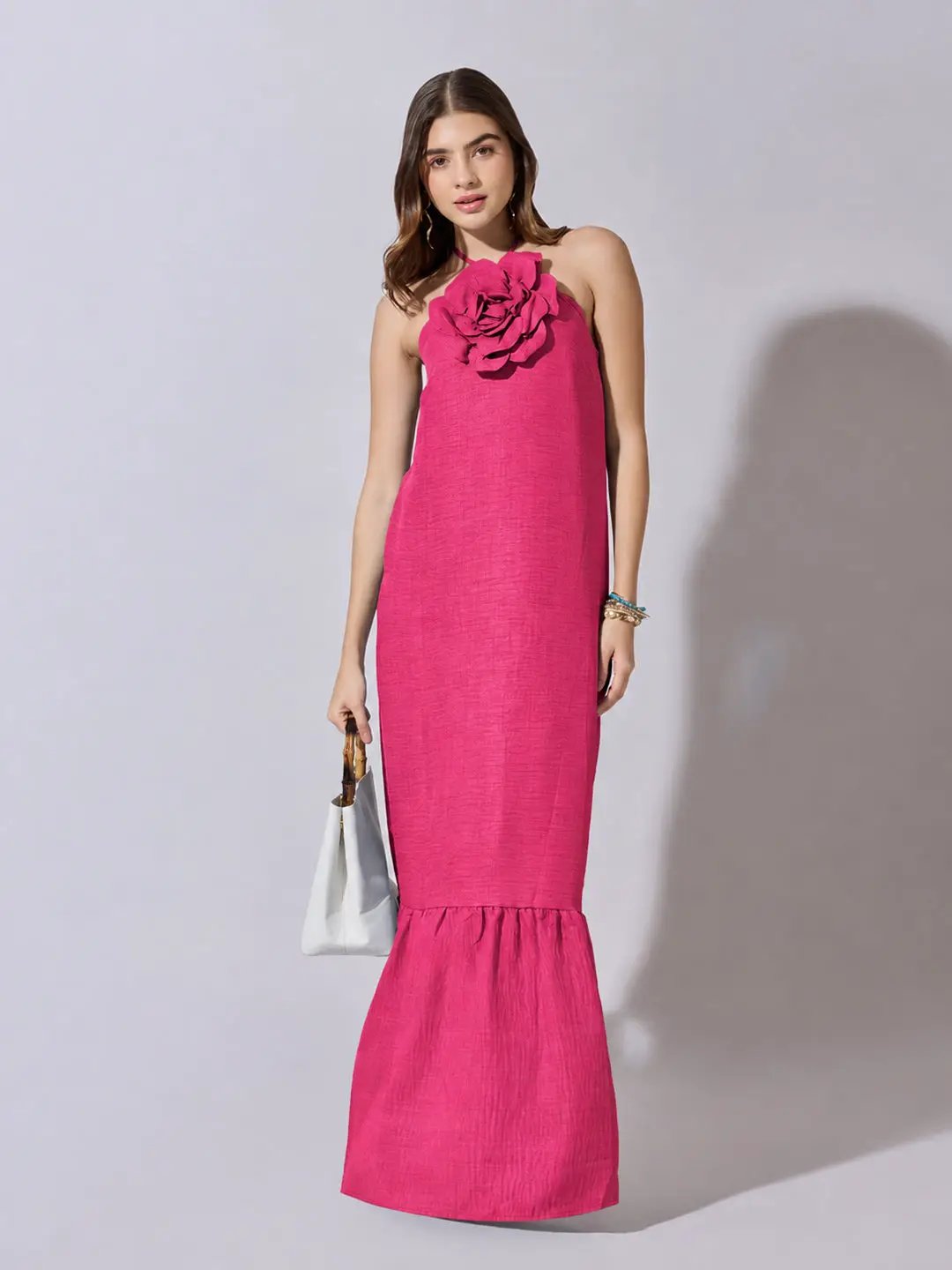 Women's Pink Halter Neck Maxi Dress with 3D Floral Applique