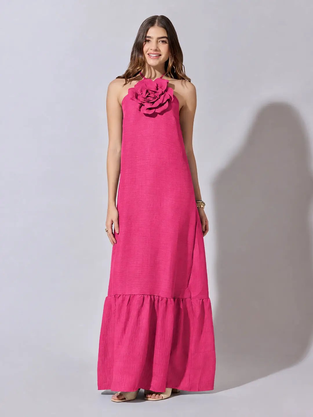 Women's Pink Halter Neck Maxi Dress with 3D Floral Applique
