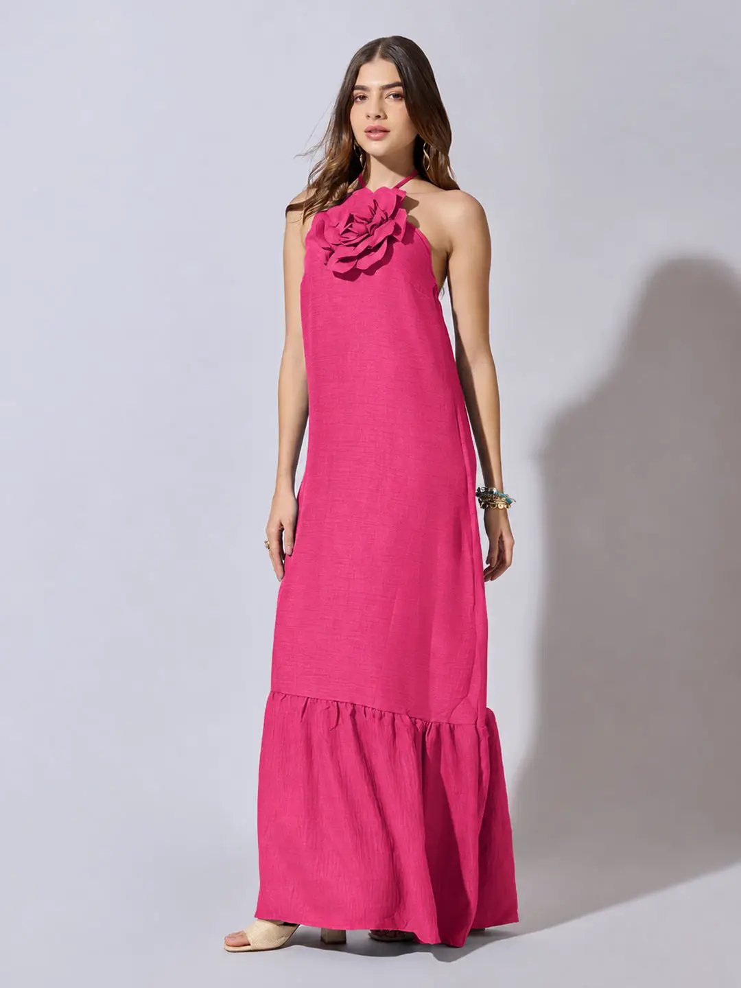 Women's Pink Halter Neck Maxi Dress with 3D Floral Applique