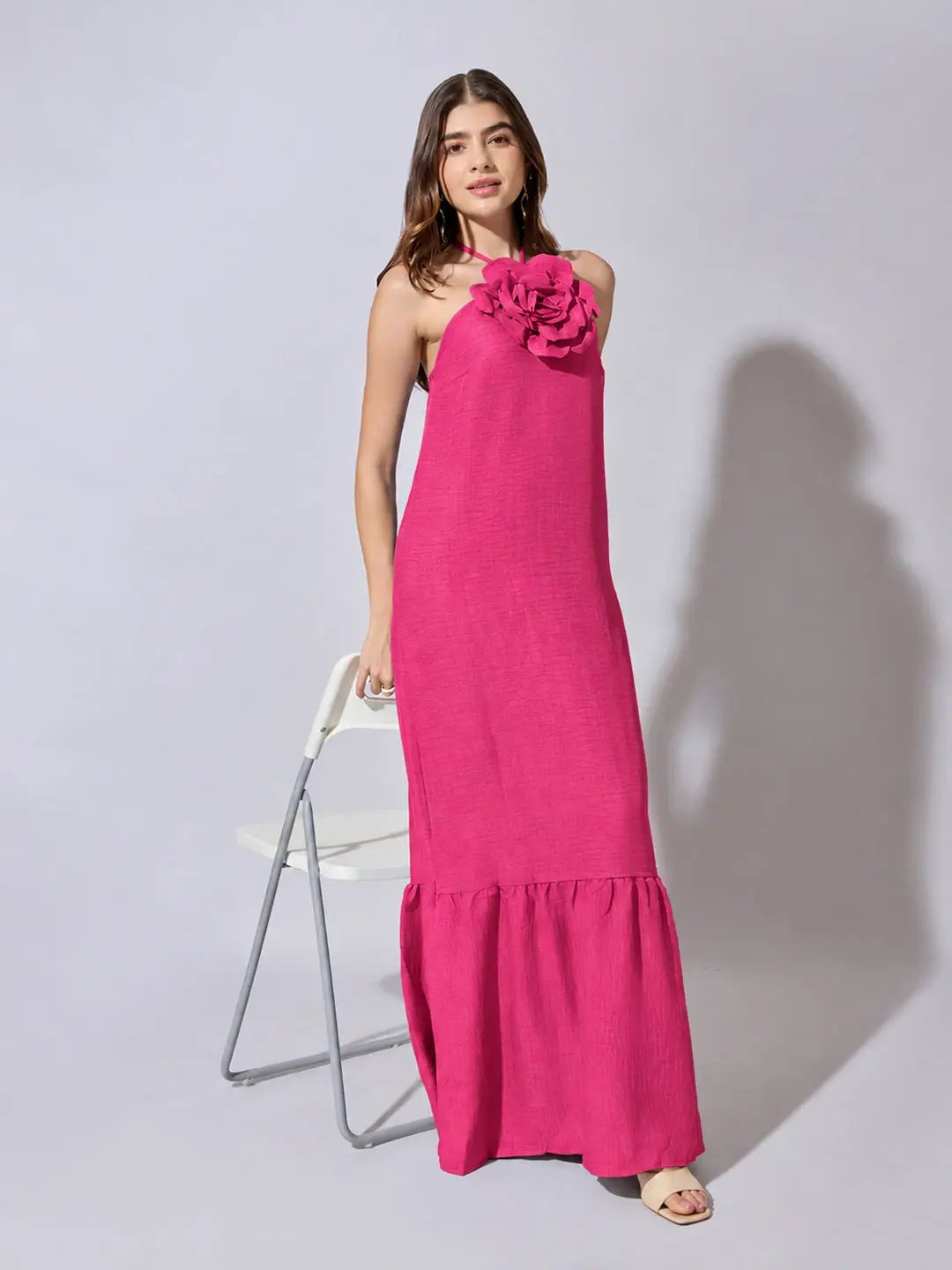 Women's Pink Halter Neck Maxi Dress with 3D Floral Applique